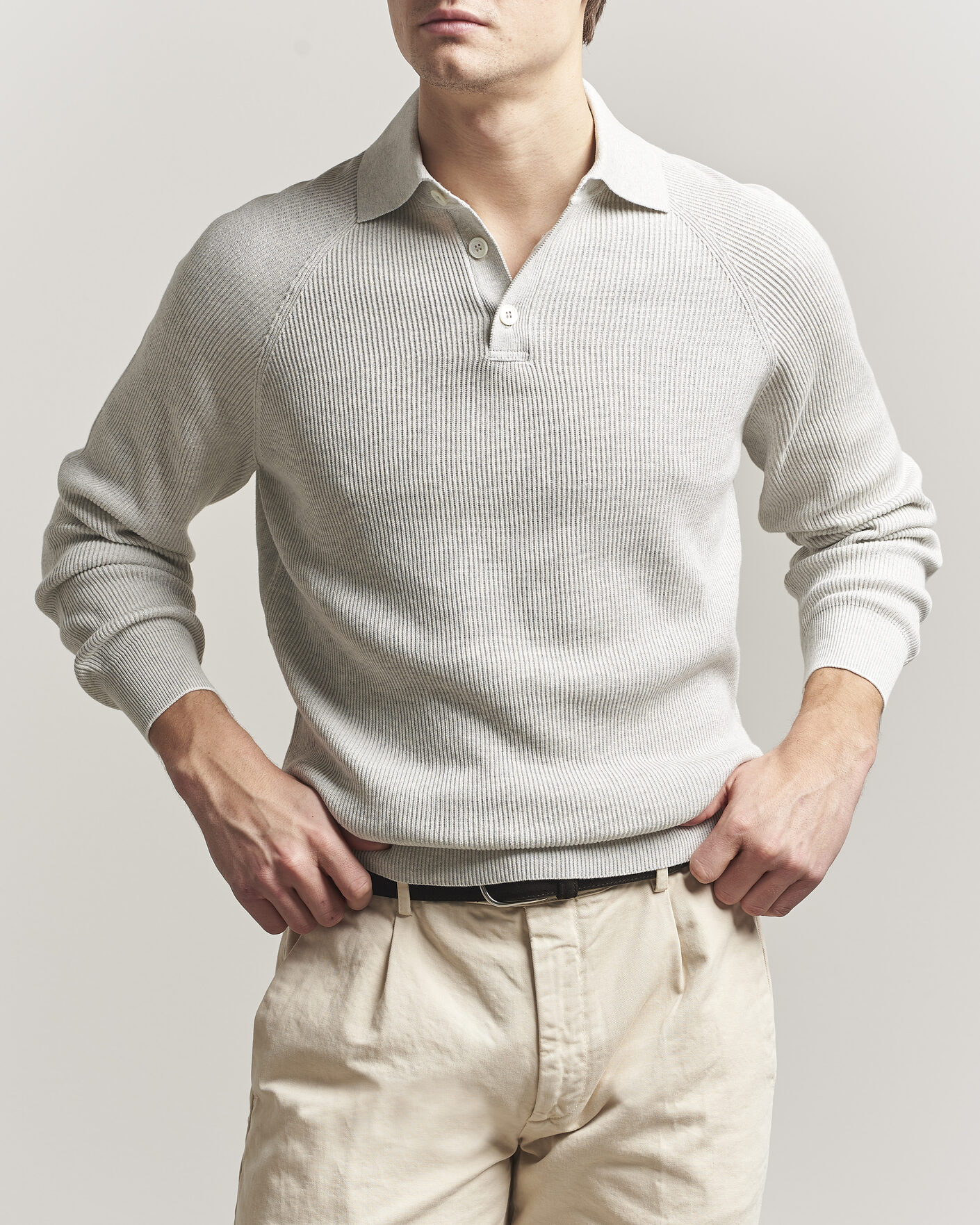 Herre | Trøjer | Brunello Cucinelli | Cotton Rib Knitted Long Sleeve Polo Light Grey