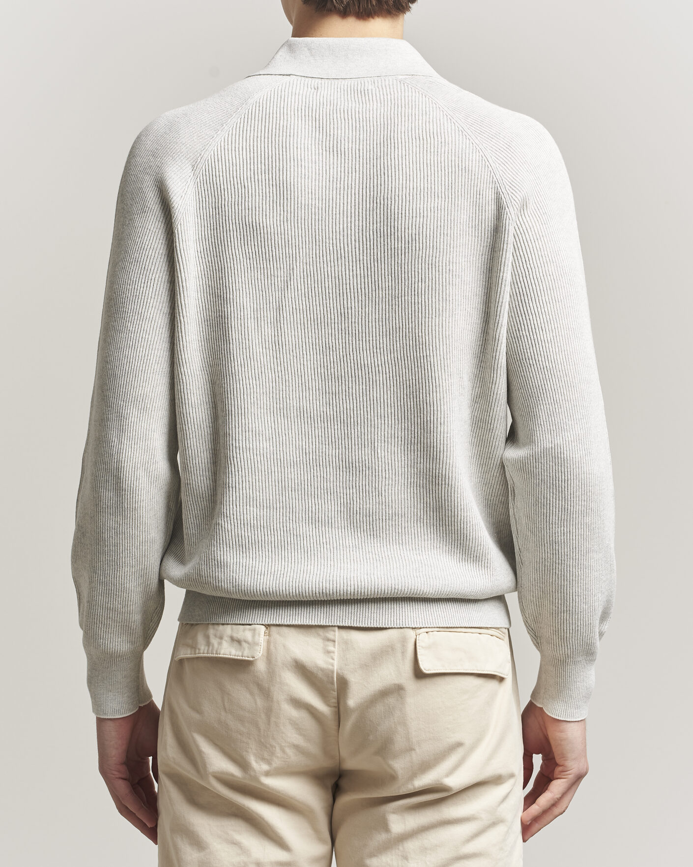 Herre | Trøjer | Brunello Cucinelli | Cotton Rib Knitted Long Sleeve Polo Light Grey