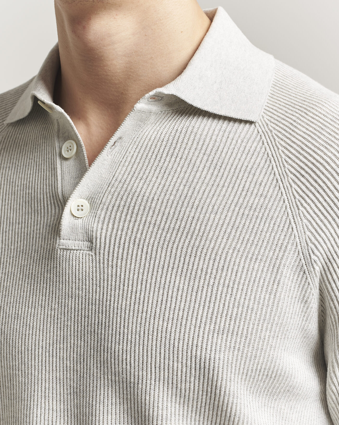 Herre | Trøjer | Brunello Cucinelli | Cotton Rib Knitted Long Sleeve Polo Light Grey