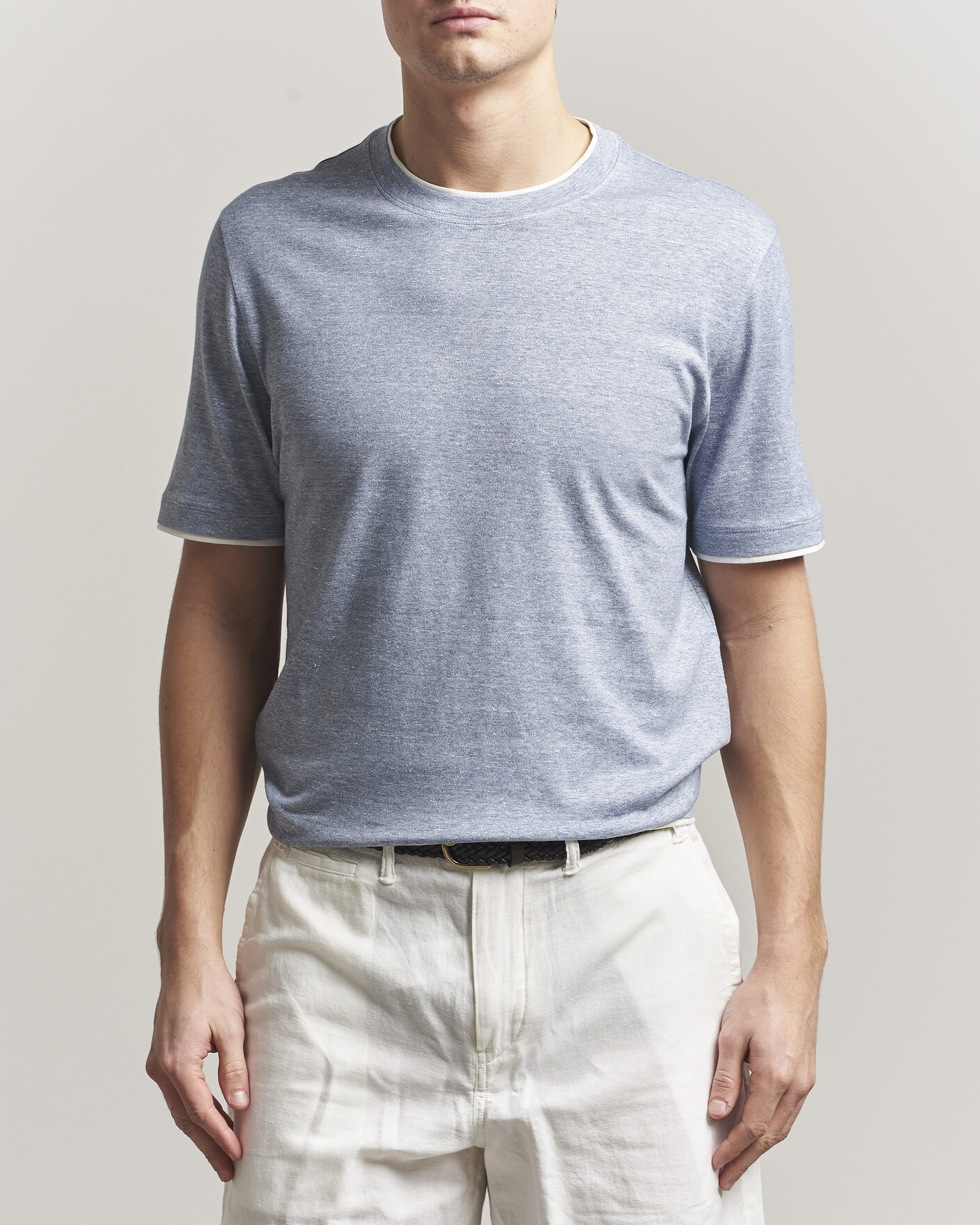 Herre | T-Shirts | Brunello Cucinelli | Double Collar Linen T-Shirt Light Blue