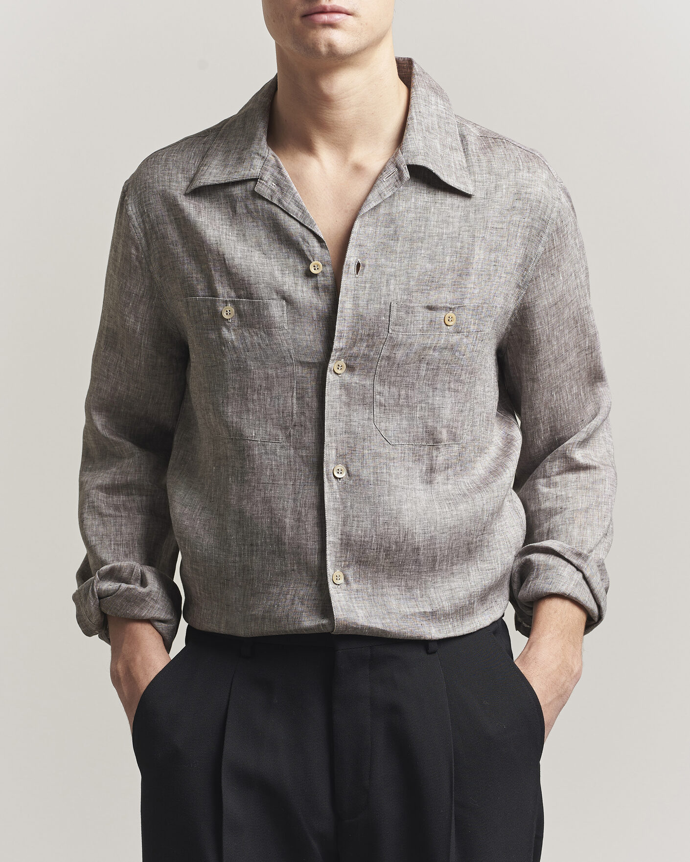 Herre | Skjorter | Brunello Cucinelli | Linen Double Pocket Camp Shirt Brown