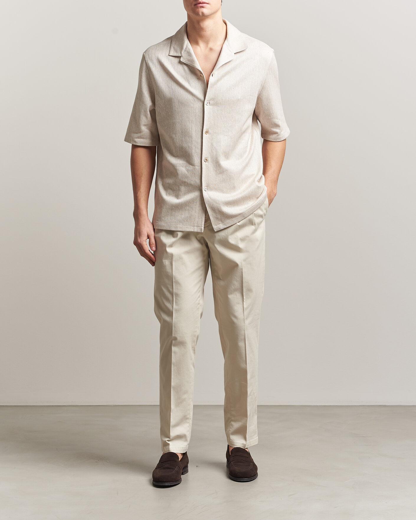 Herre | Skjorter | Brunello Cucinelli | Linen Herringbone Camp Shirt Light Beige