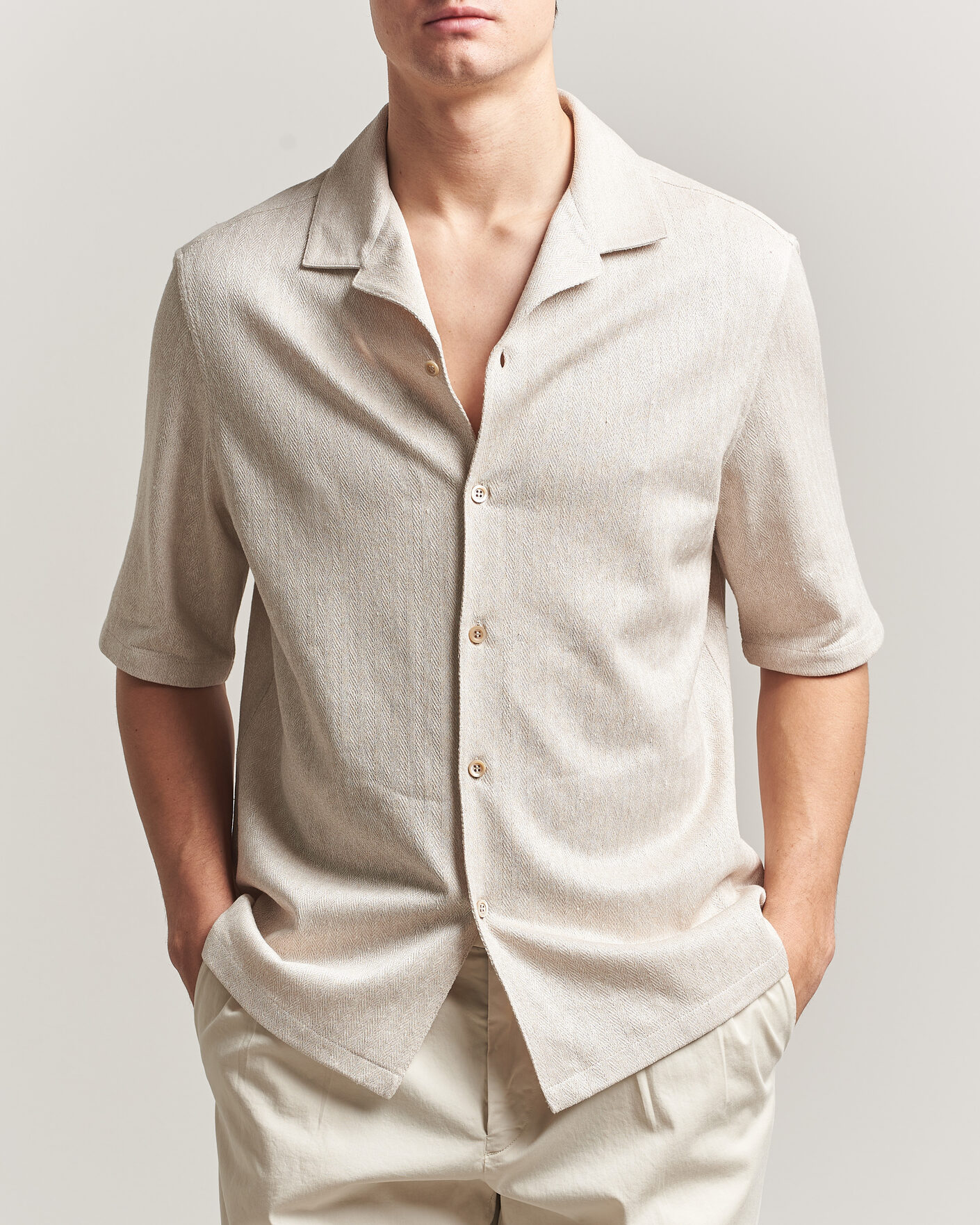 Herre | Skjorter | Brunello Cucinelli | Linen Herringbone Camp Shirt Light Beige
