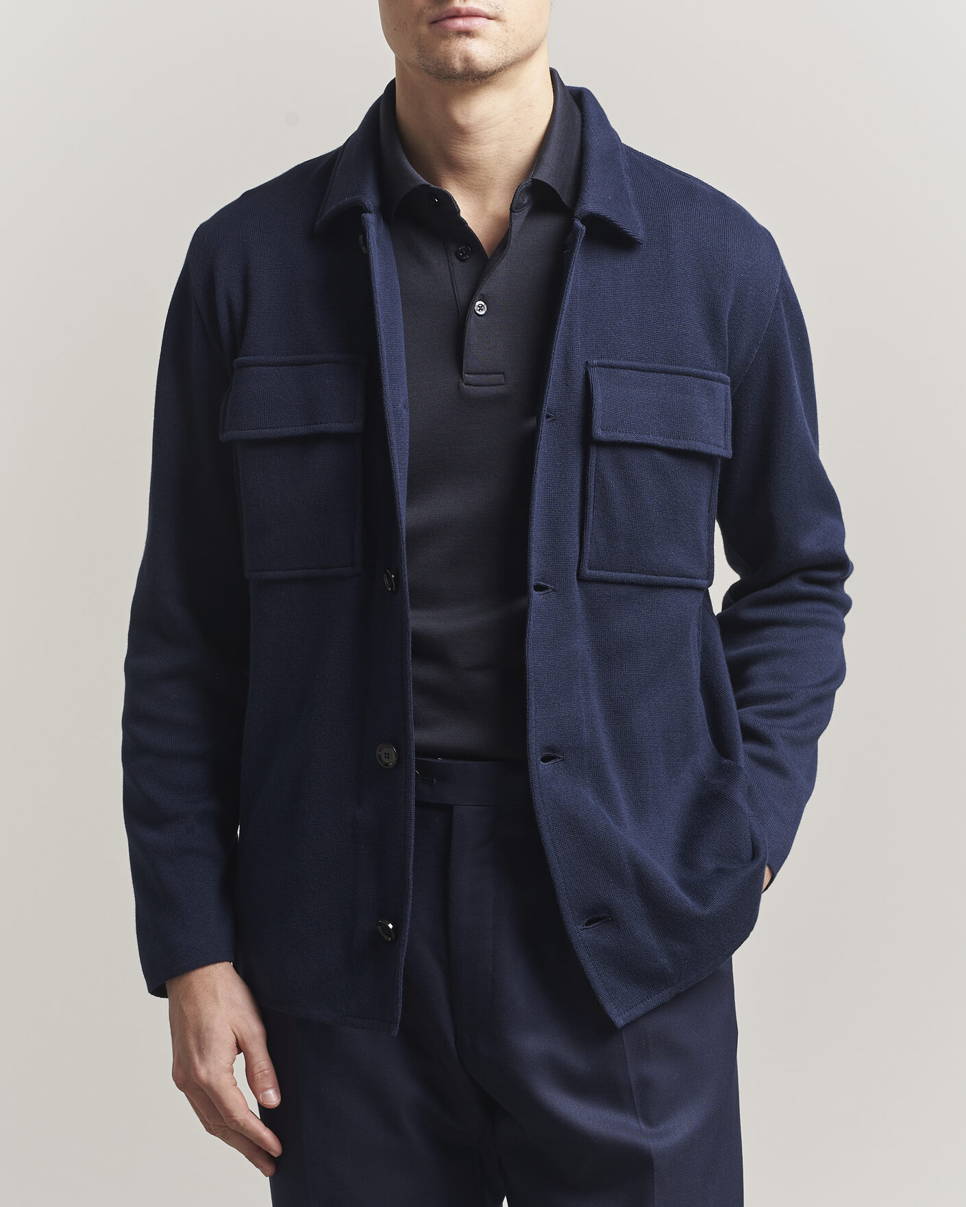 Herre | Jakker | Lardini | Knitted Cotton Pocket Shirt Jacket Navy