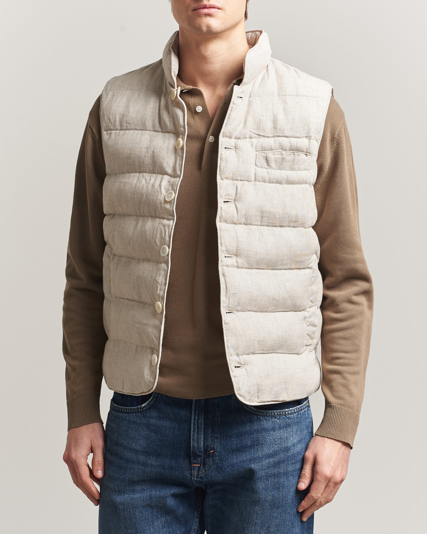 Herre | Veste | Stenströms | Padded Mini Houndstooth Linen Vest Beige
