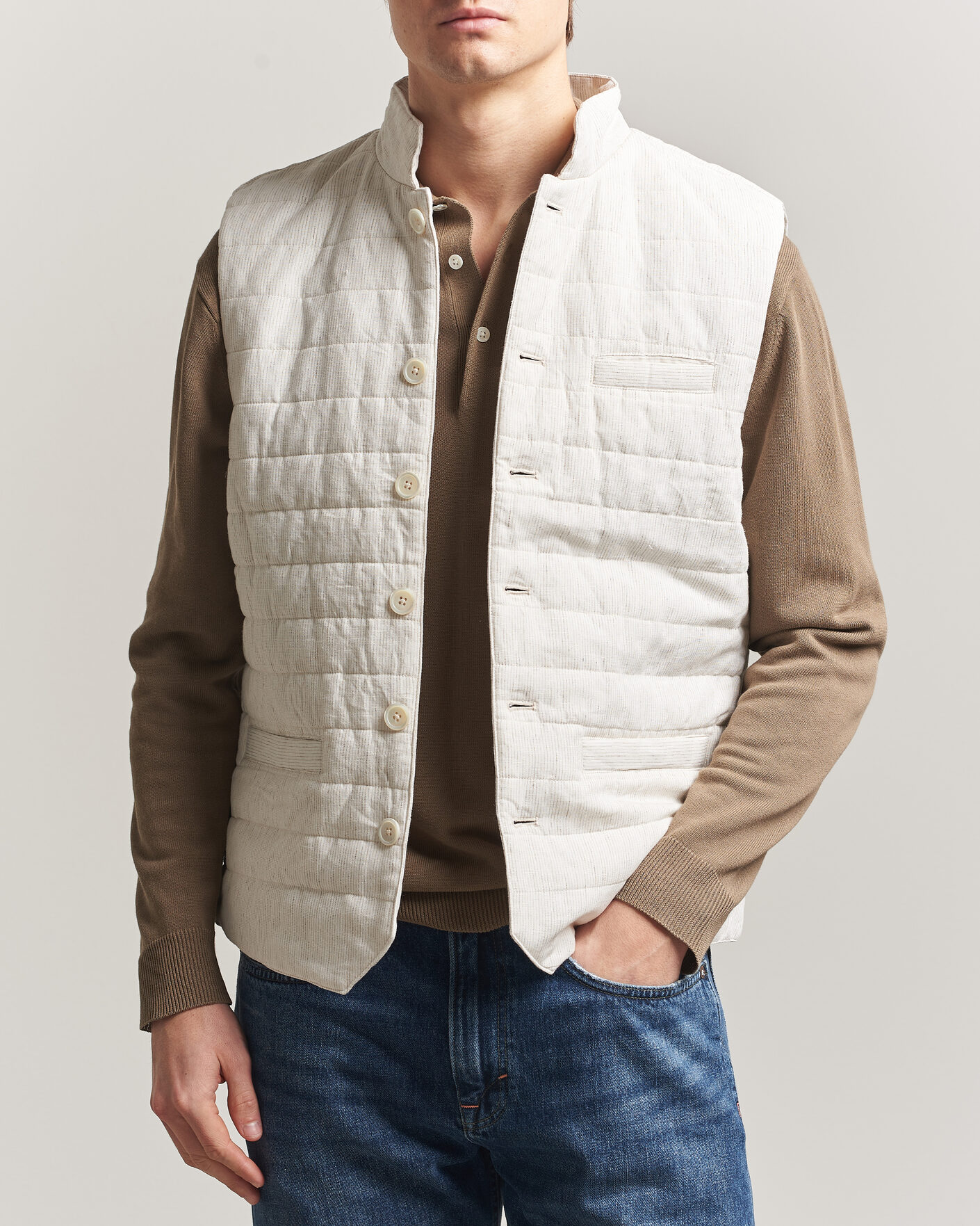 Herre | Veste | Stenströms | Mid Layer Pin Stripe Linen Vest Off White