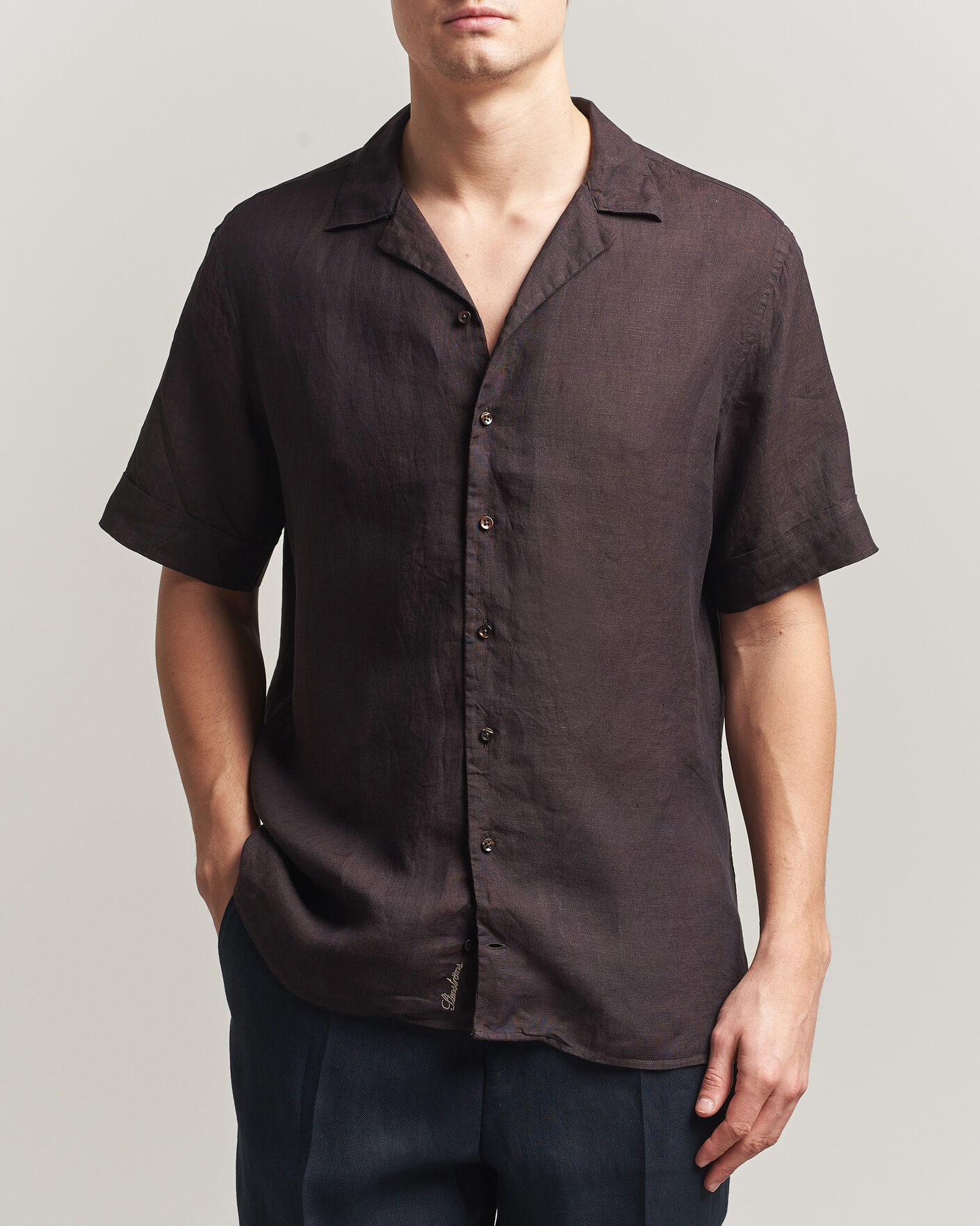 Herre | Skjorter | Stenströms | Short Sleeve Linen Shirt Dark Brown