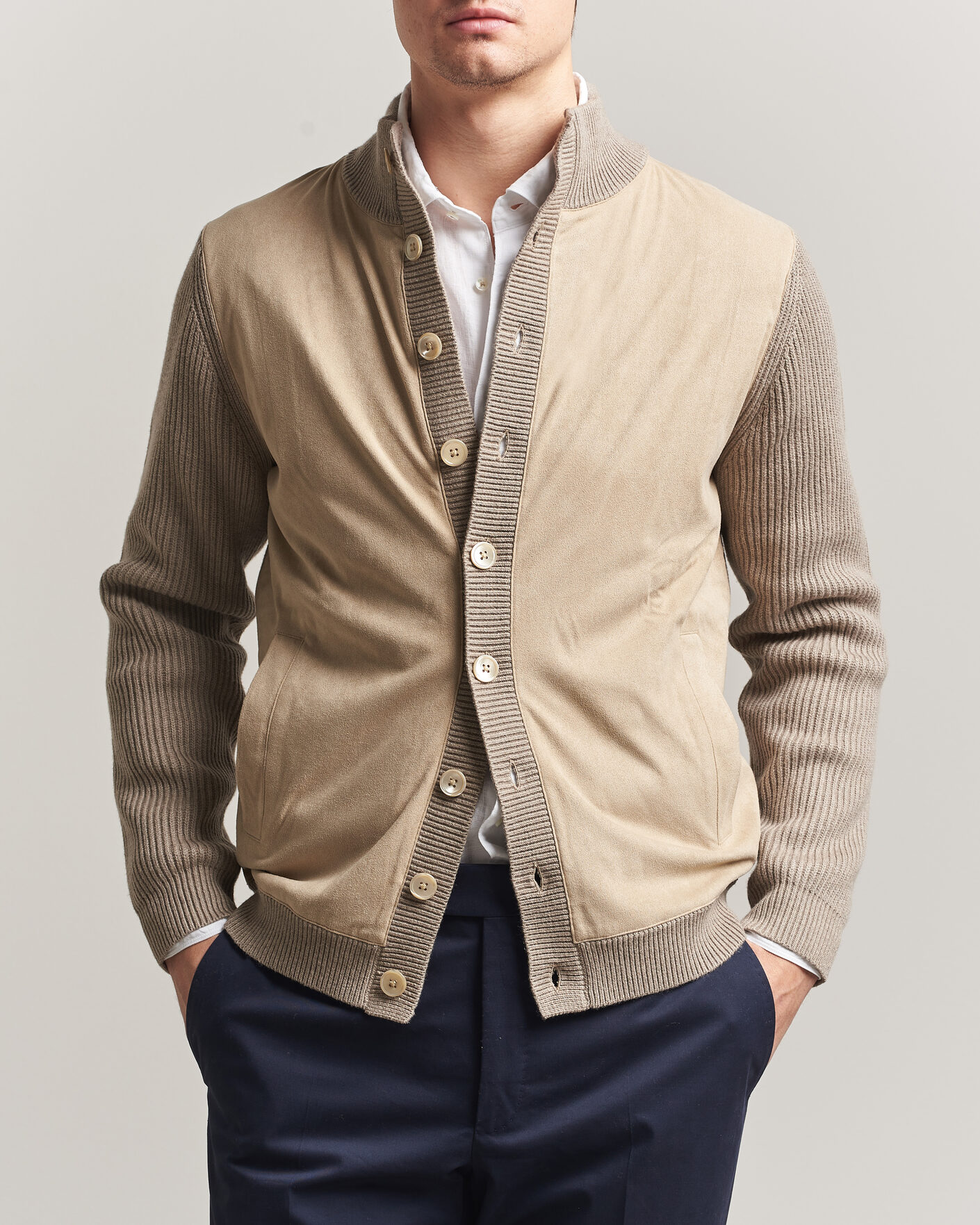 Herre | Trøjer | Stenströms | Knitted Hybrid Buttoned Alcantara Cardigan Taupe