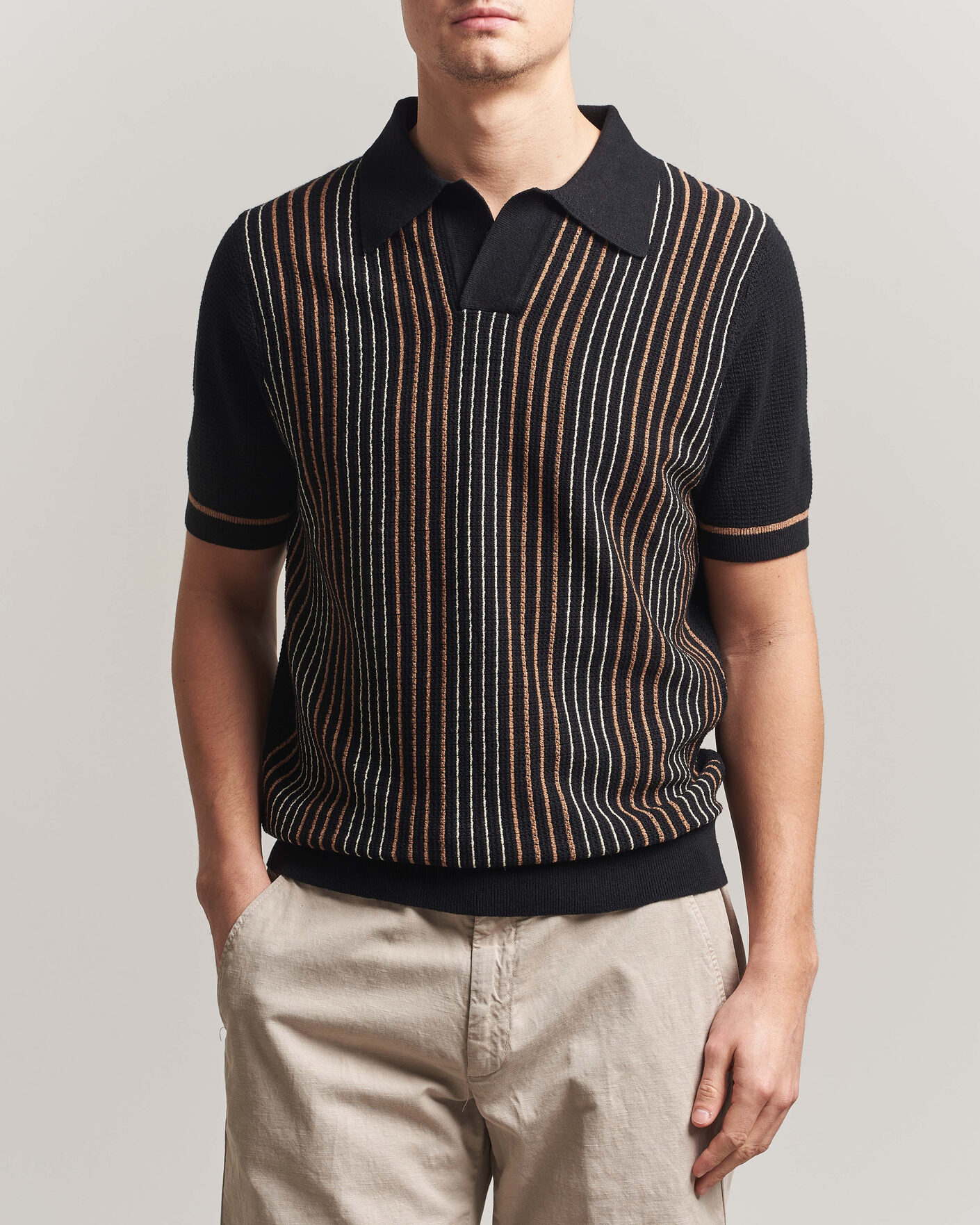 Herre | Polotrøjer | Stenströms | Knitted Stripe Hemp/Cotton Polo Black