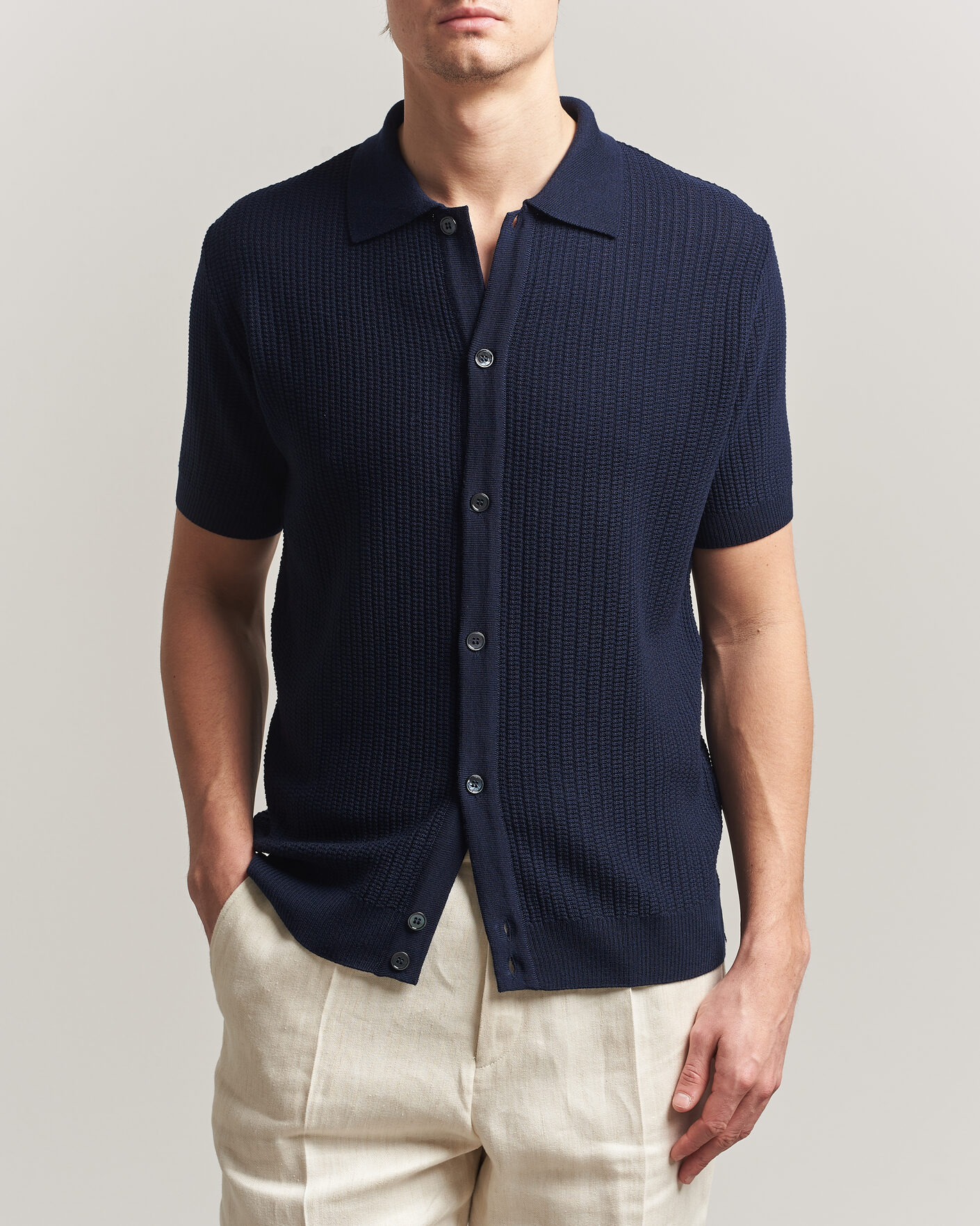 Herre | Polotrøjer | Stenströms | Knitted Buttonthru Merino Polo Shirt Navy