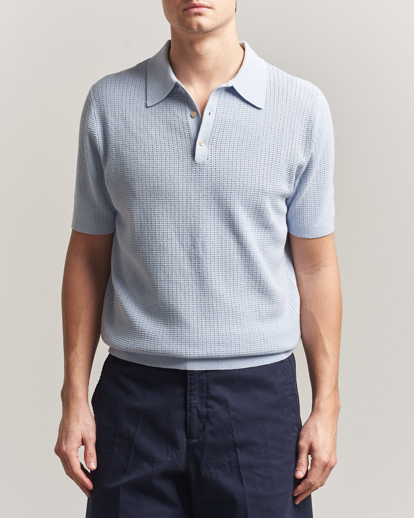 Herre | Polotrøjer | Stenströms | Knitted Textured Cotton/Hemp Polo Light Blue