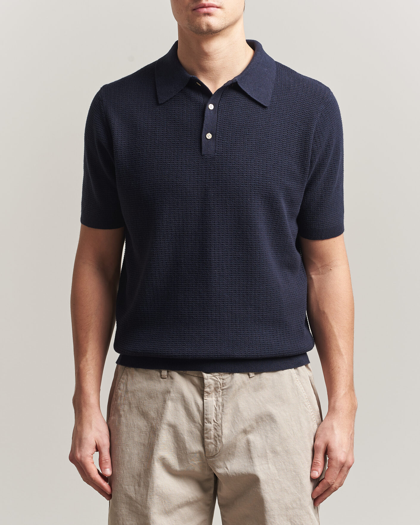 Herre | Polotrøjer | Stenströms | Knitted Textured Cotton/Hemp Polo Navy