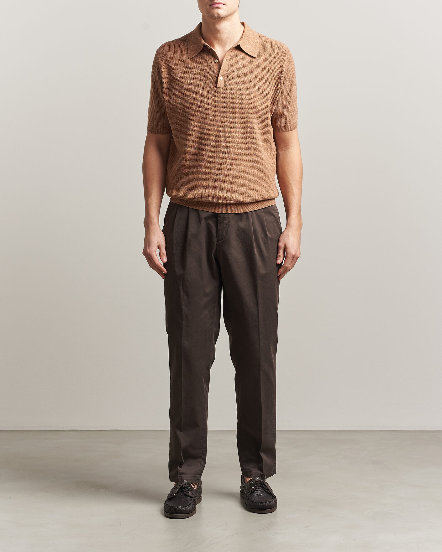 Herre | Polotrøjer | Stenströms | Knitted Textured Cotton/Hemp Polo Light Brown