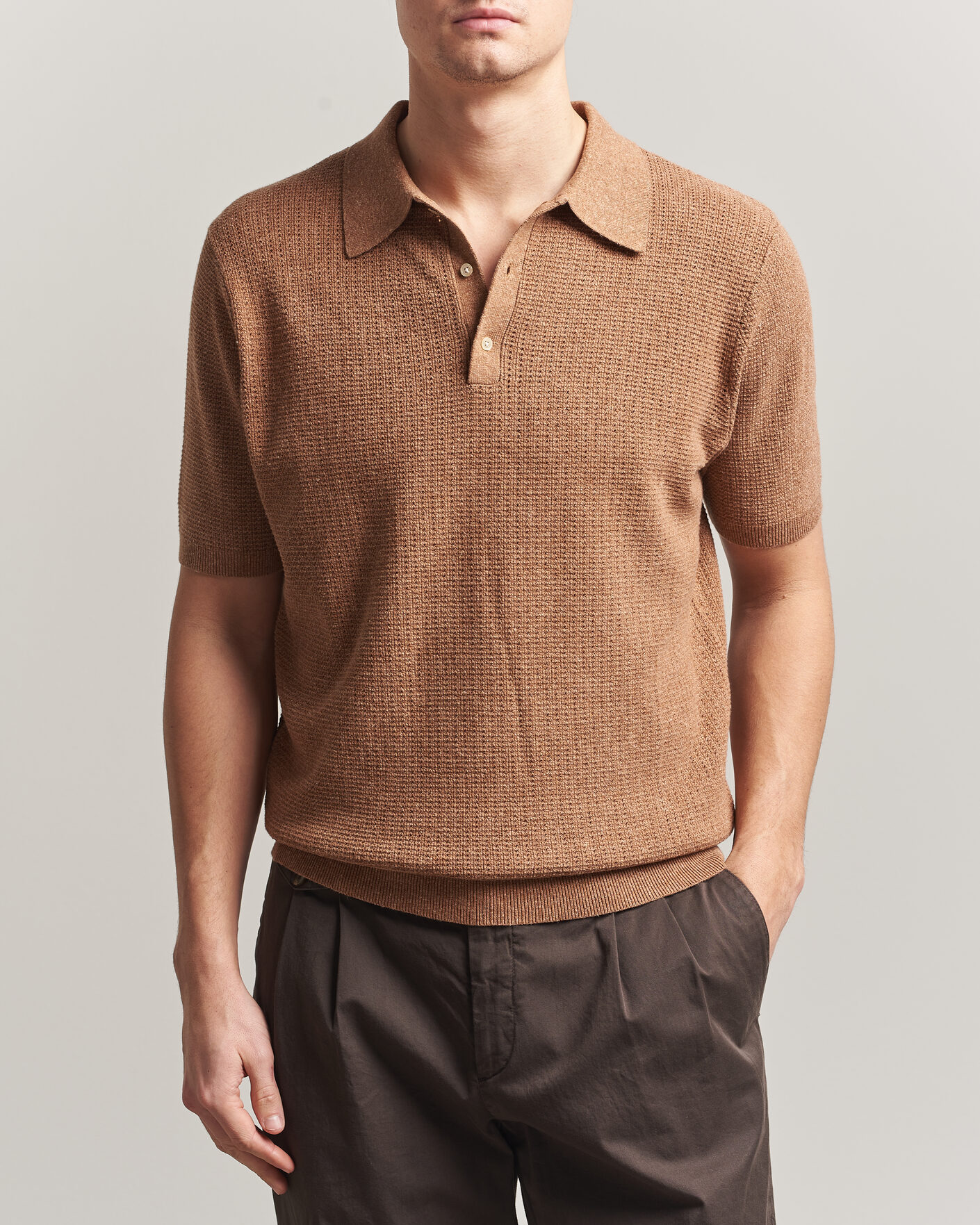 Herre | Polotrøjer | Stenströms | Knitted Textured Cotton/Hemp Polo Light Brown