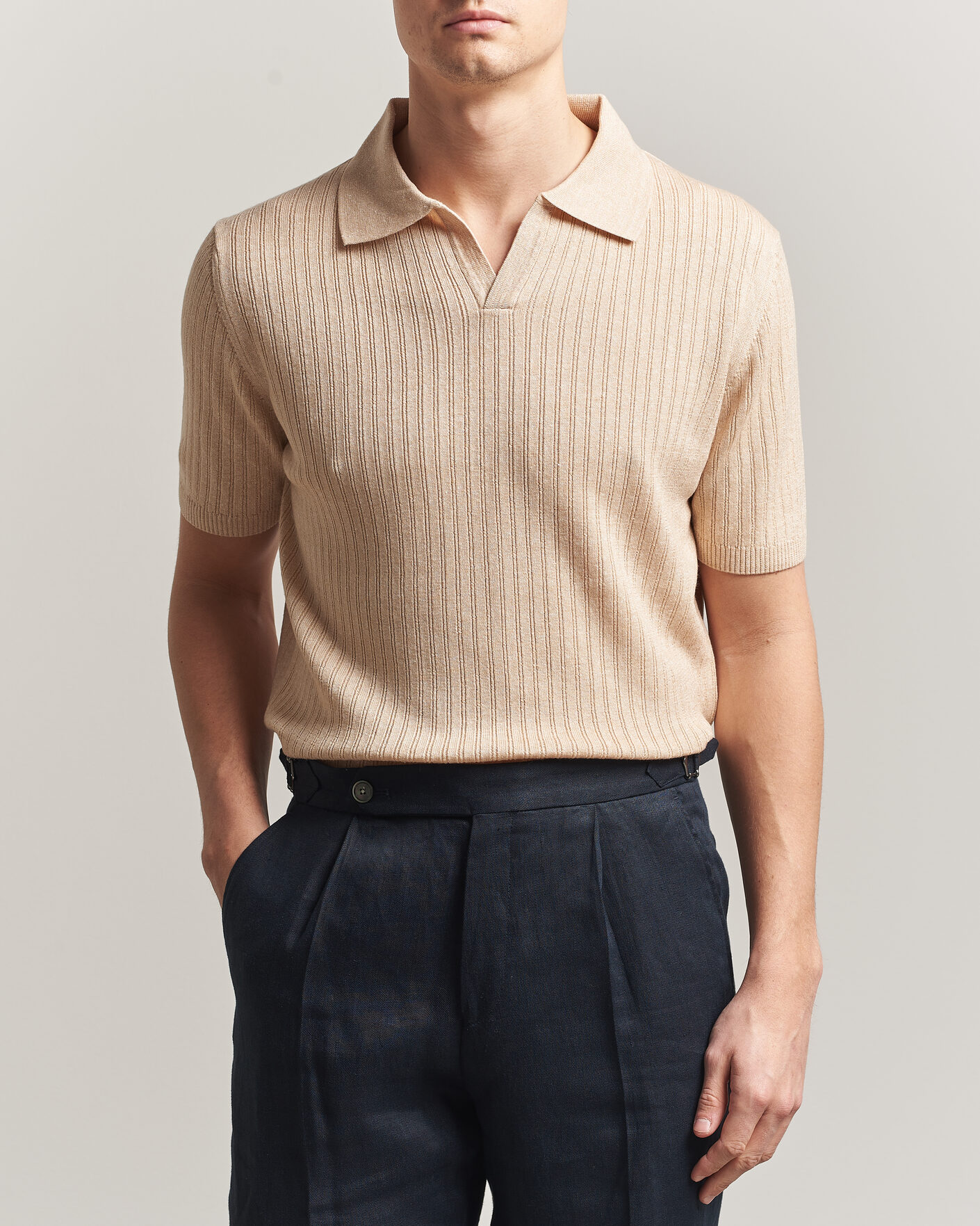 Herre | Polotrøjer | Stenströms | Linen/Merino Structured Polo Beige
