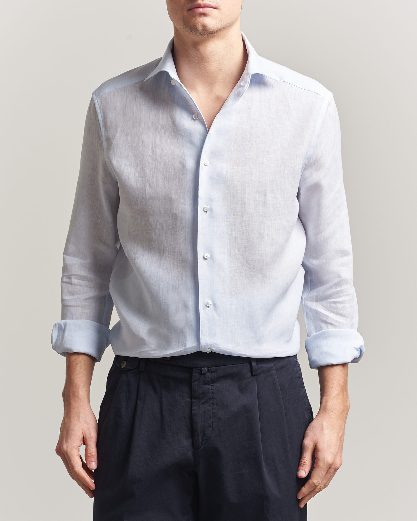 Herre | Skjorter | Stenströms | 1899 Linen One Piece Collar Shirt Light Blue