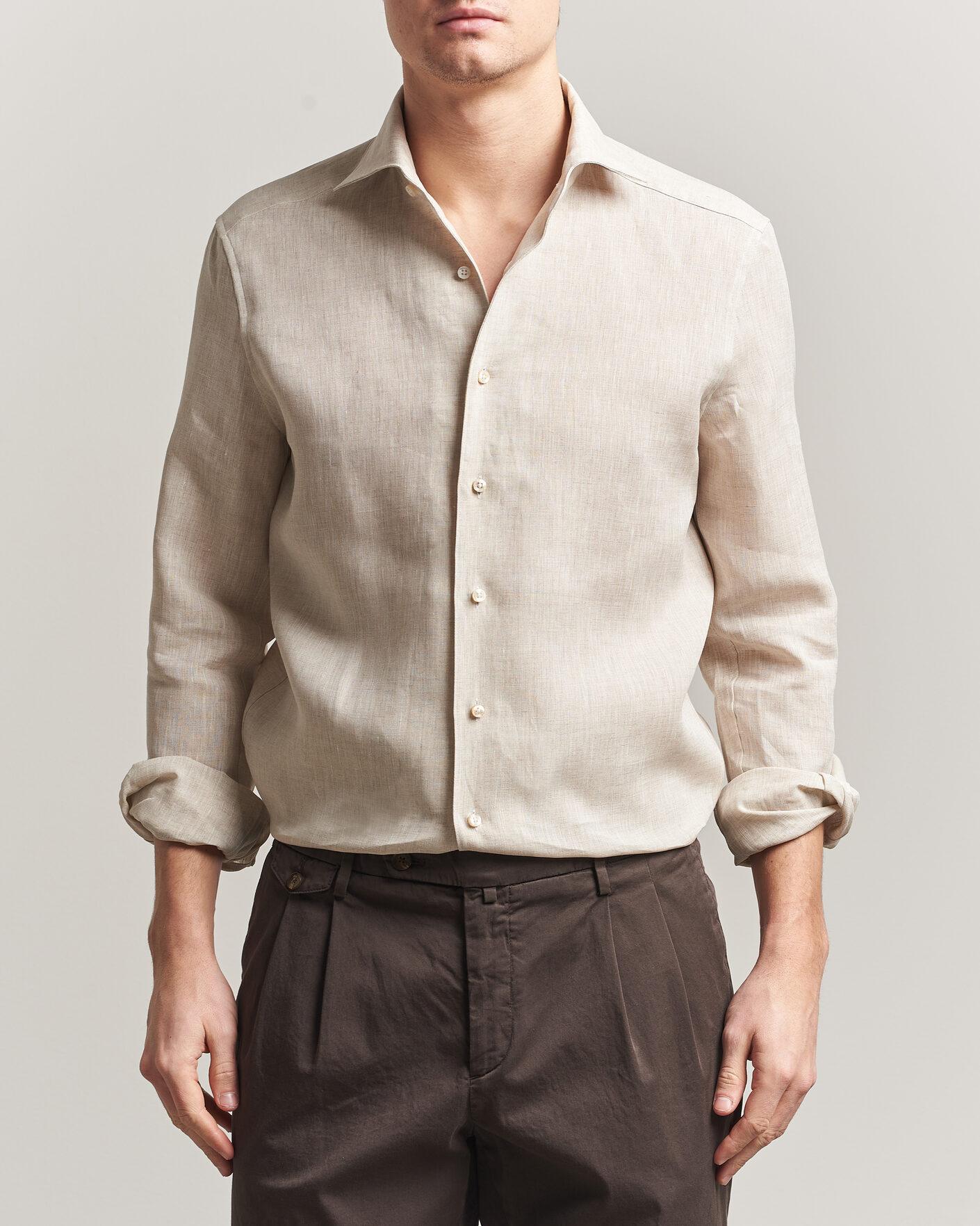Herre | Skjorter | Stenströms | 1899 Linen One Piece Collar Shirt Beige
