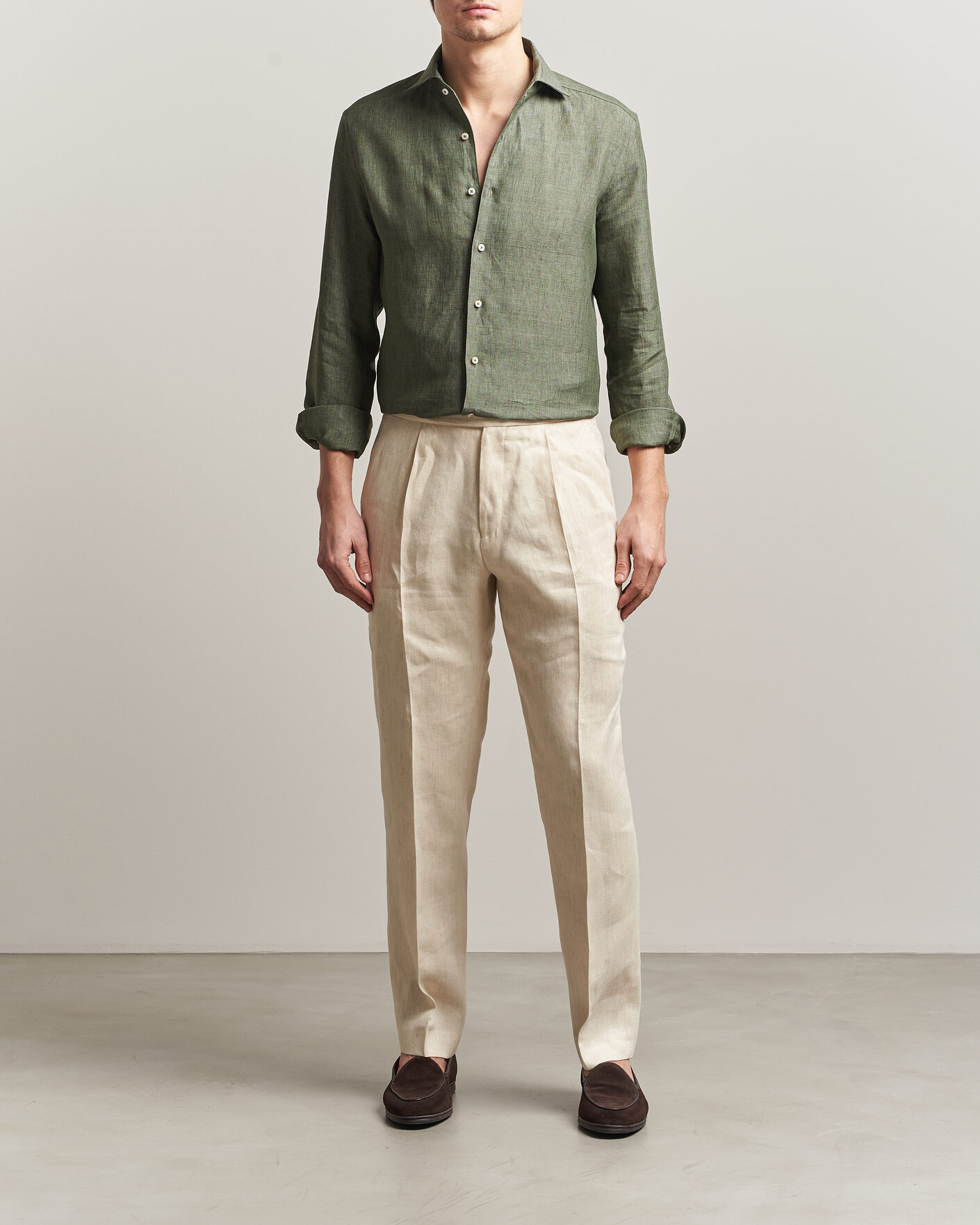 Herre | Skjorter | Stenströms | 1899 Linen One Piece Collar Shirt Olive
