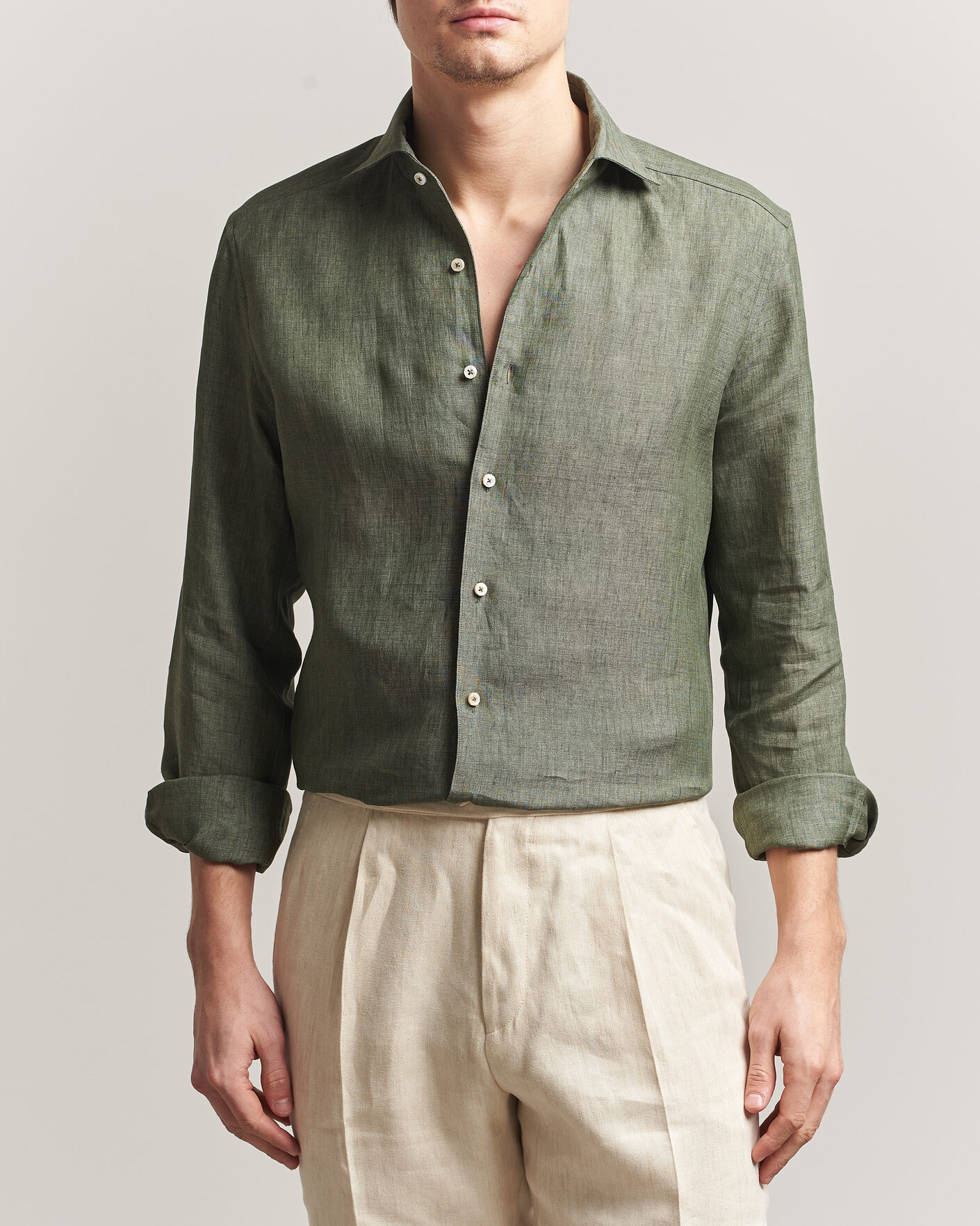 Herre | Skjorter | Stenströms | 1899 Linen One Piece Collar Shirt Olive