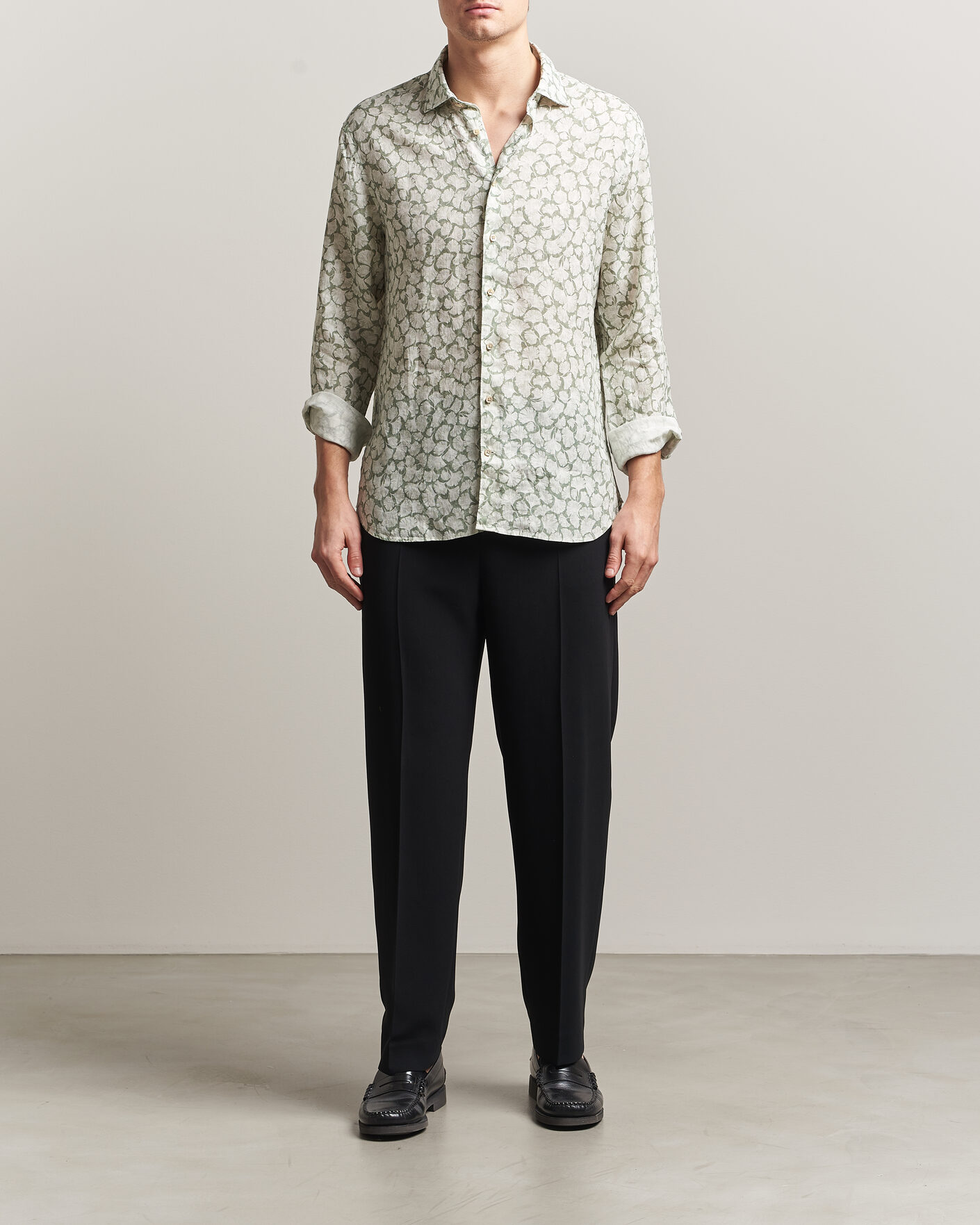 Herre | Skjorter | Stenströms | Regular Fit Flower Printed Linen Shirt Green