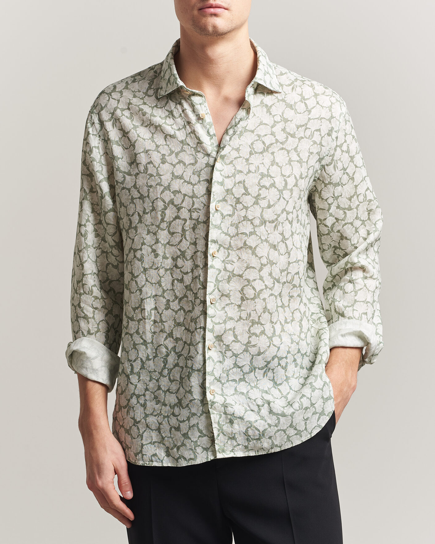 Herre | Skjorter | Stenströms | Regular Fit Flower Printed Linen Shirt Green