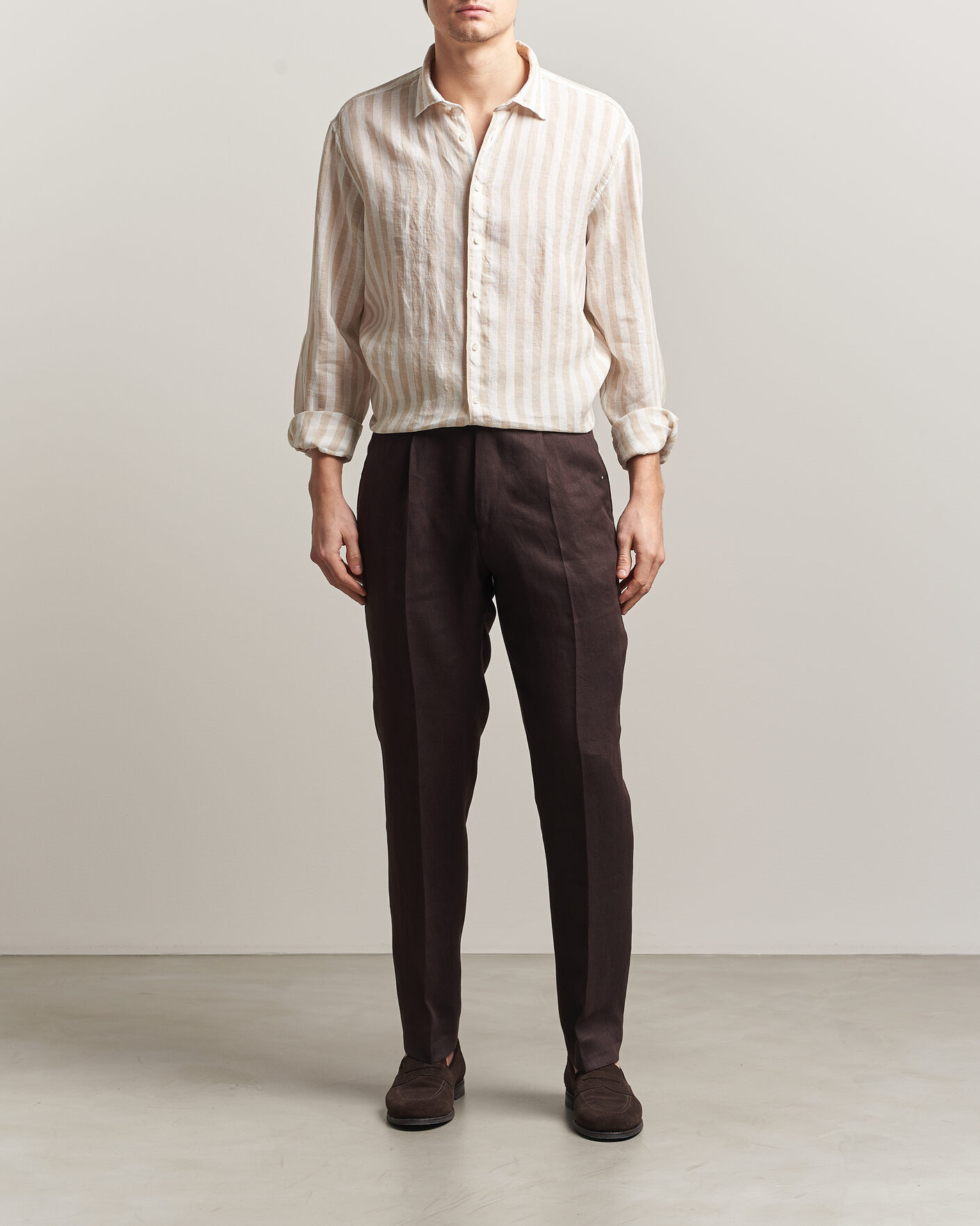 Herre | Skjorter | Stenströms | Regular Fit Wide Stripe Linen Shirt Beige