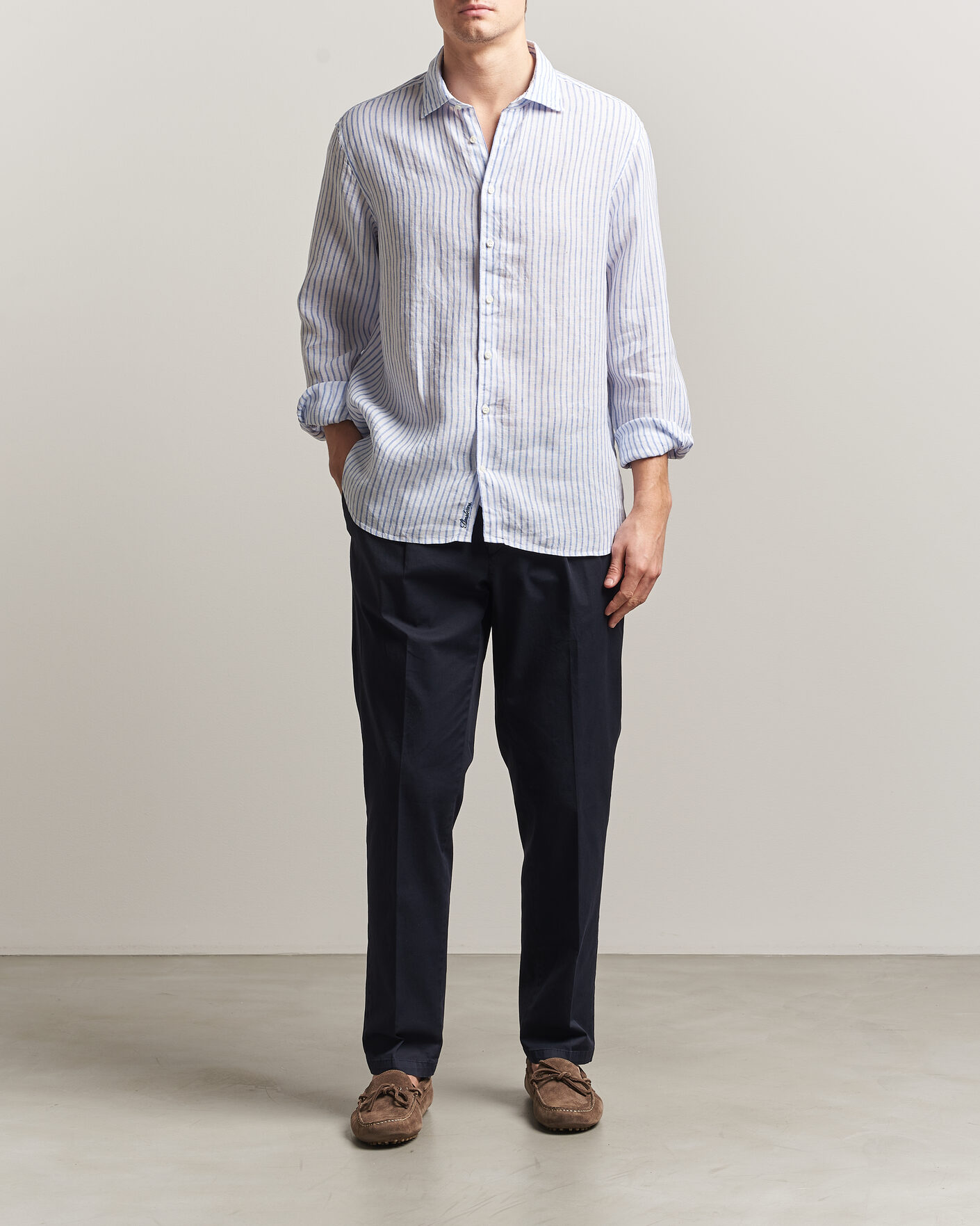 Herre | Skjorter | Stenströms | Regular Fit Striped Linen Shirt White/Dark Blue