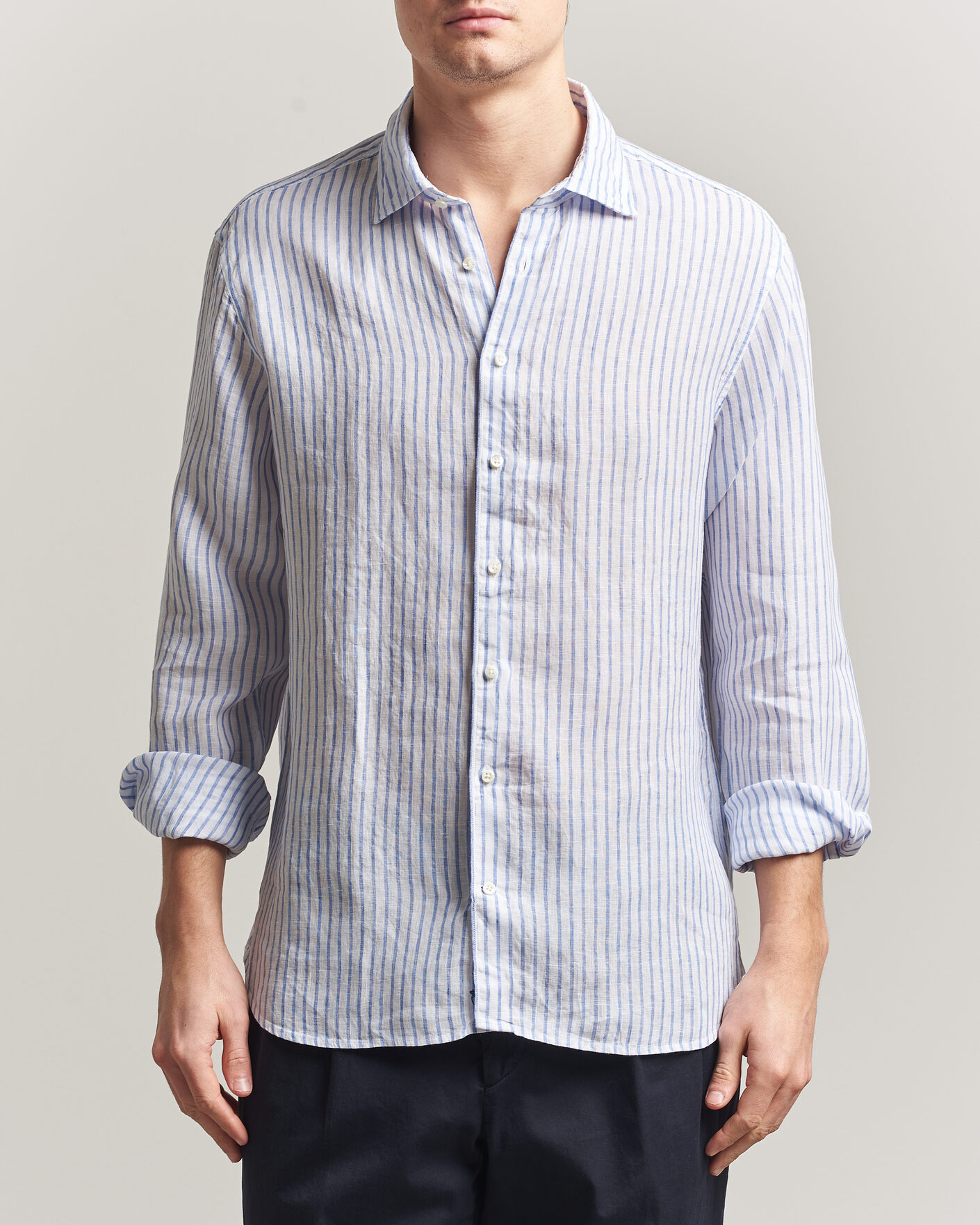 Herre | Skjorter | Stenströms | Regular Fit Striped Linen Shirt White/Dark Blue