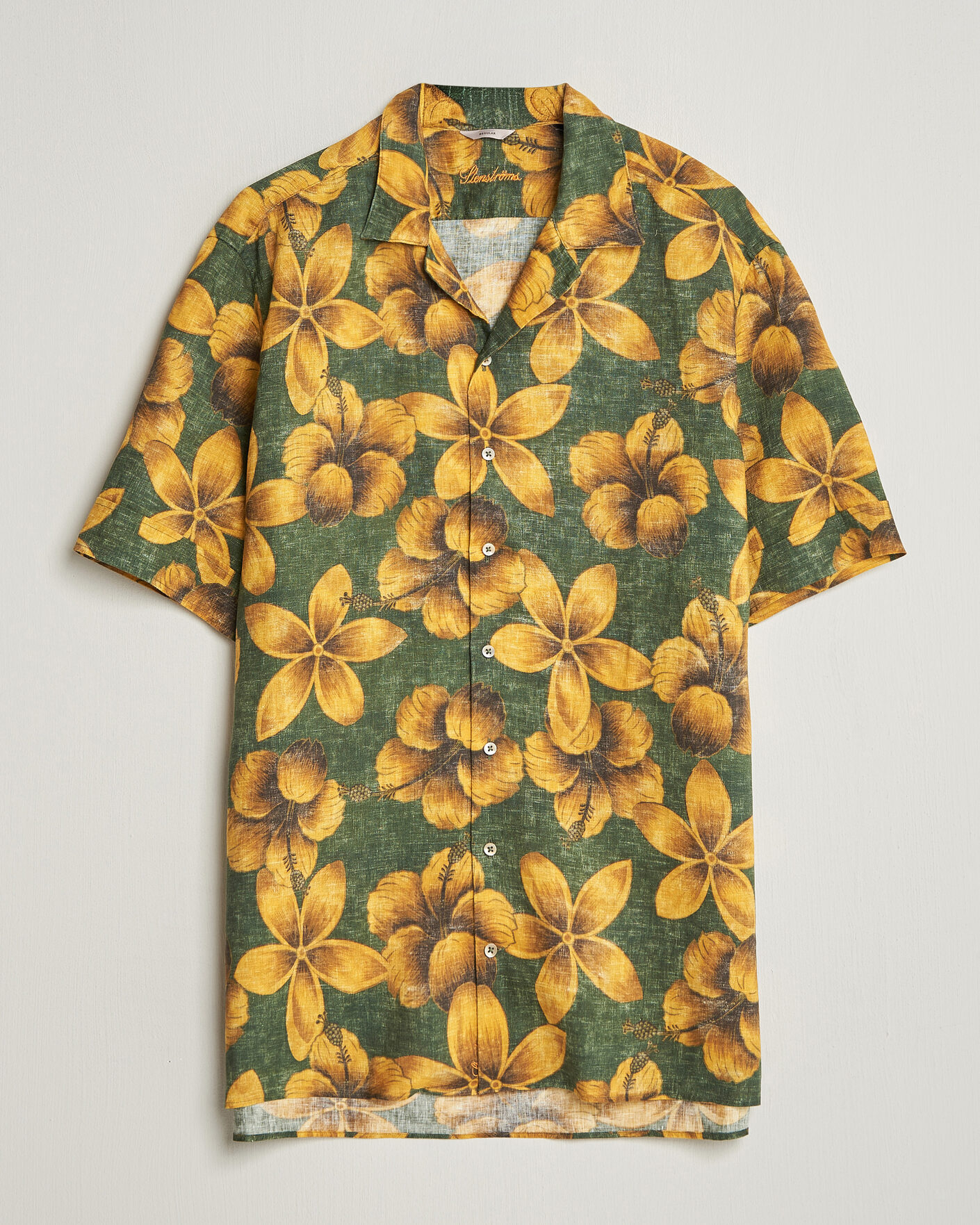 Herre | Skjorter | Stenströms | Flower Printed Short Sleeve Linen Shirt Green