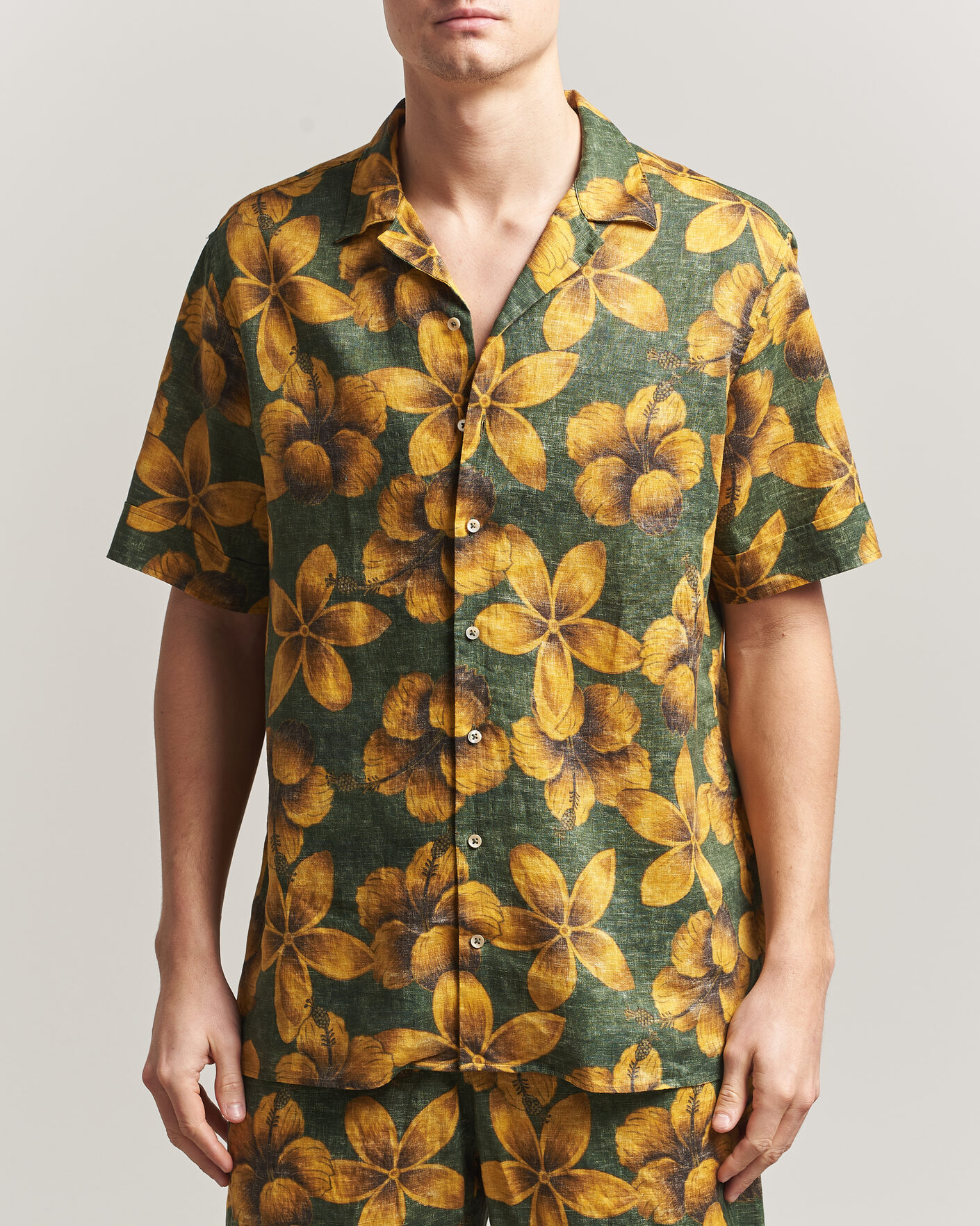Herre | Skjorter | Stenströms | Flower Printed Short Sleeve Linen Shirt Green