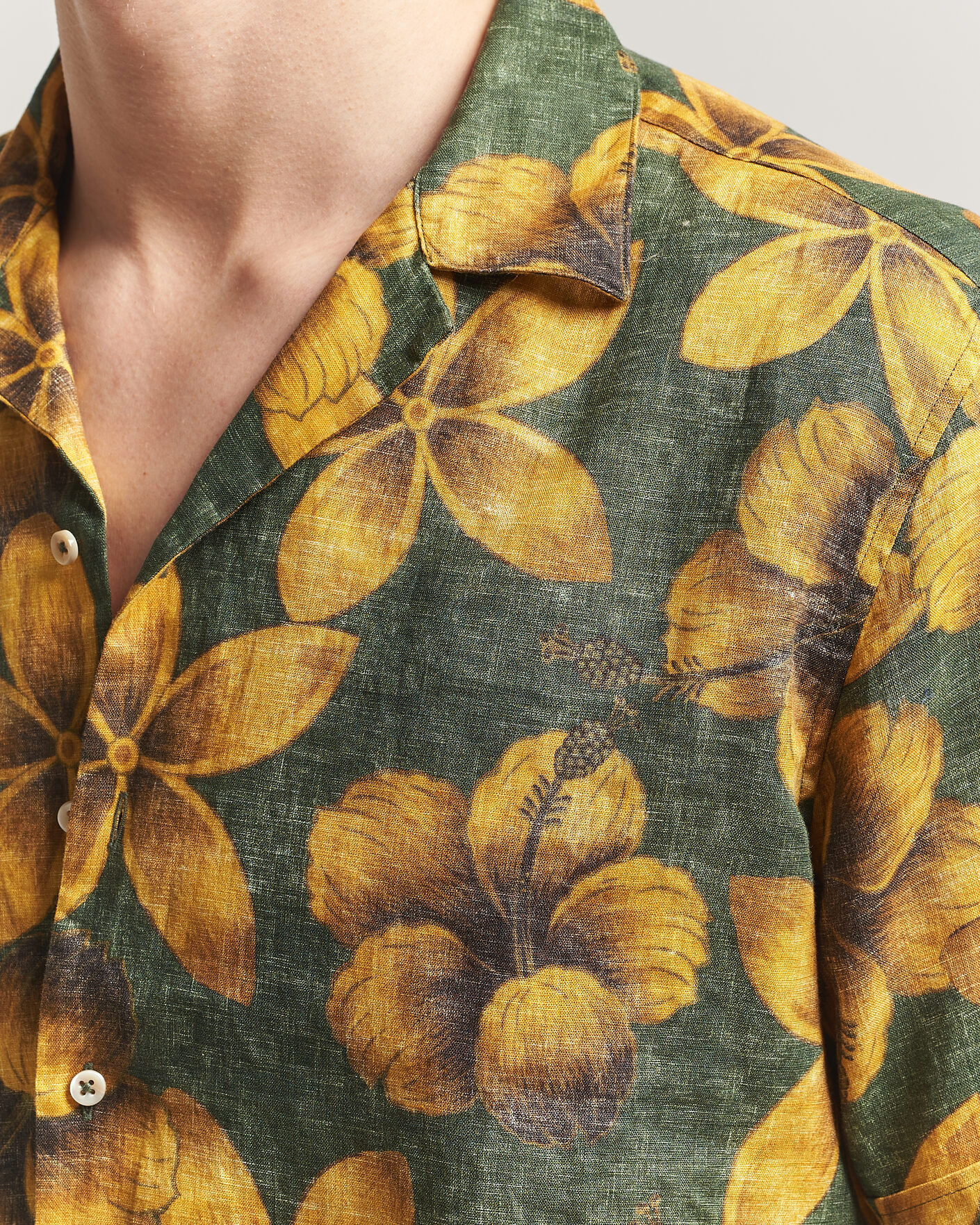 Herre | Skjorter | Stenströms | Flower Printed Short Sleeve Linen Shirt Green