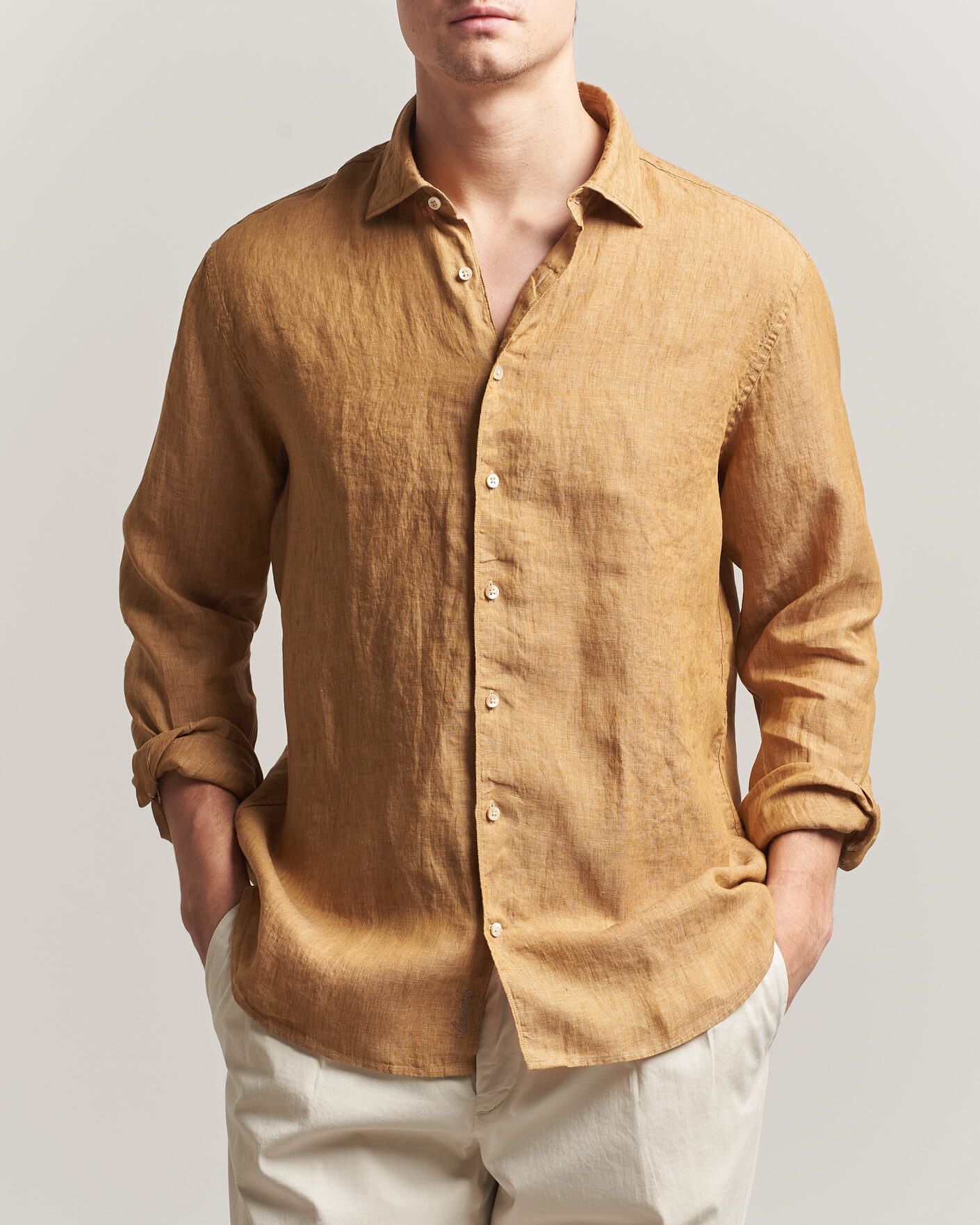 Herre | Skjorter | Stenströms | Regular Fit Cut Away Linen Shirt Light Brown