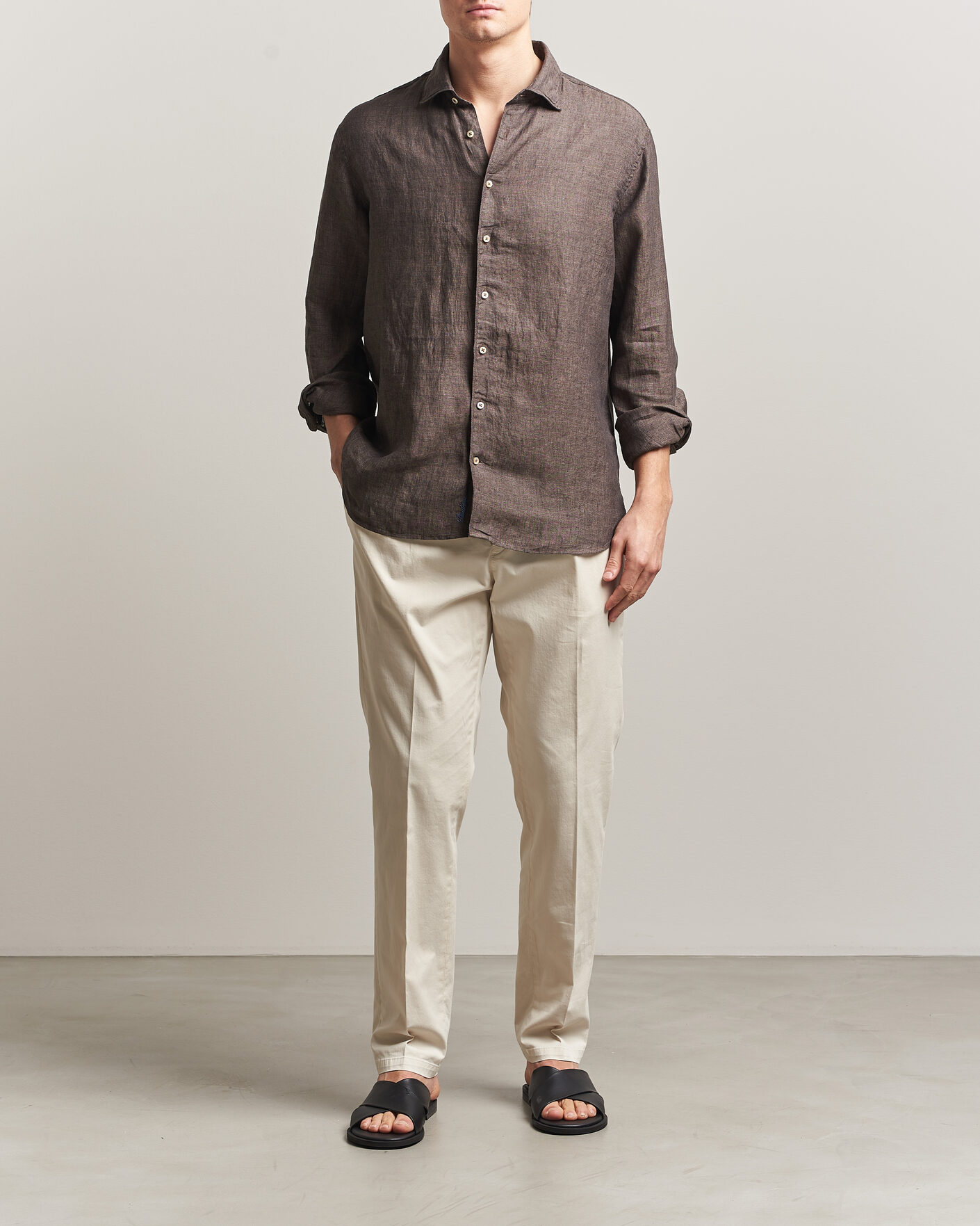 Herre | Skjorter | Stenströms | Regular Fit Cut Away Linen Shirt Brown
