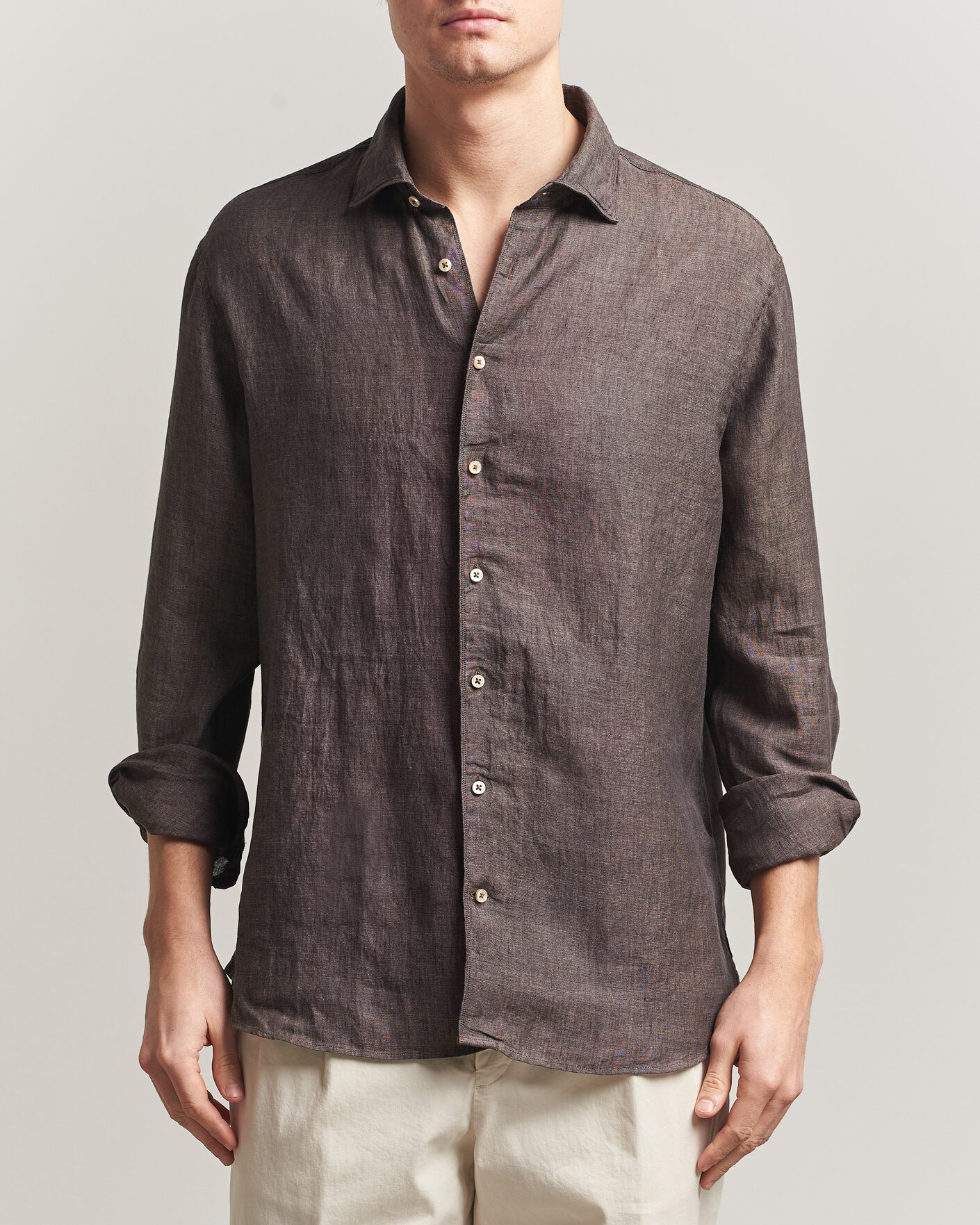 Herre | Skjorter | Stenströms | Regular Fit Cut Away Linen Shirt Brown