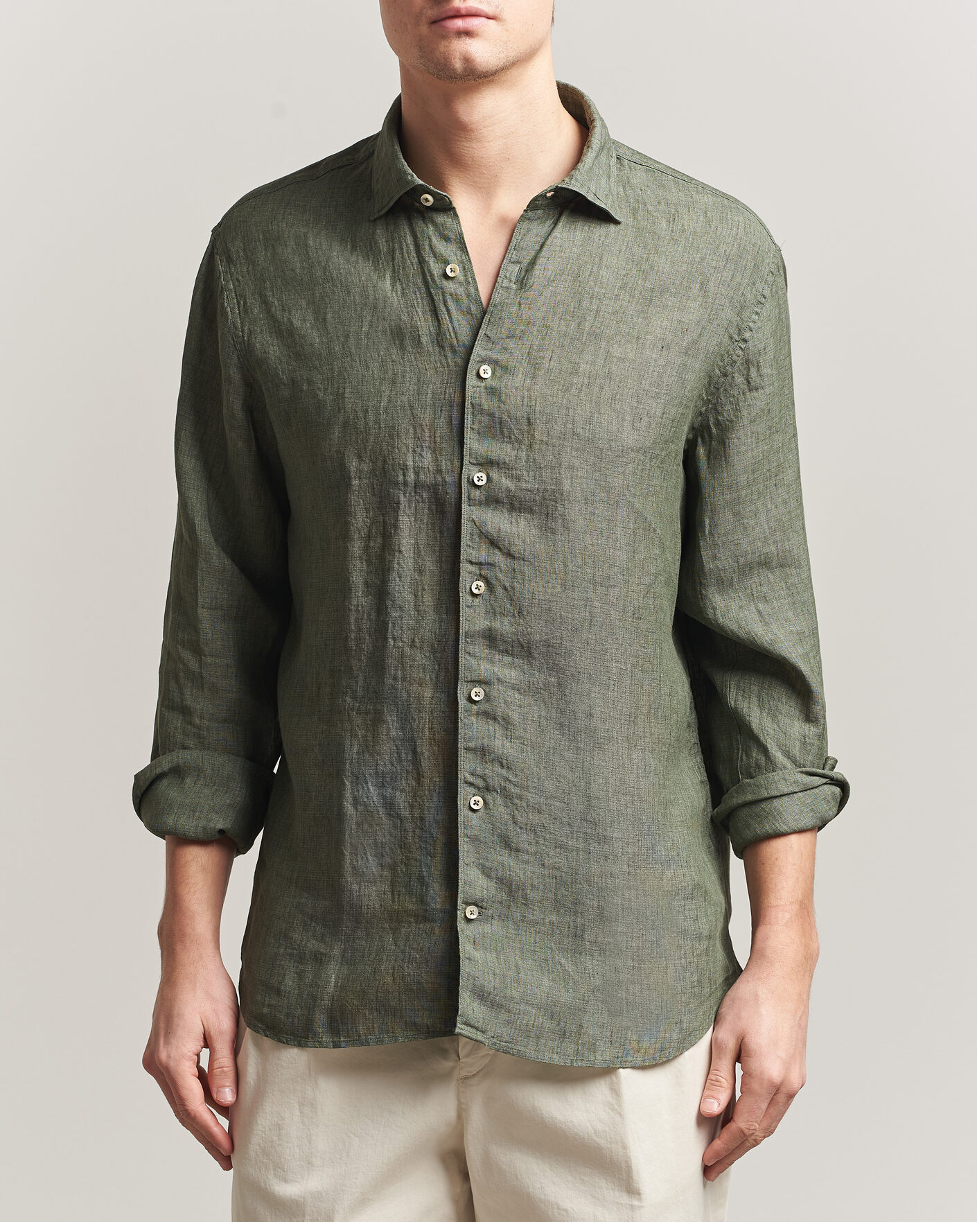 Herre | Skjorter | Stenströms | Regular Fit Cut Away Linen Shirt Green