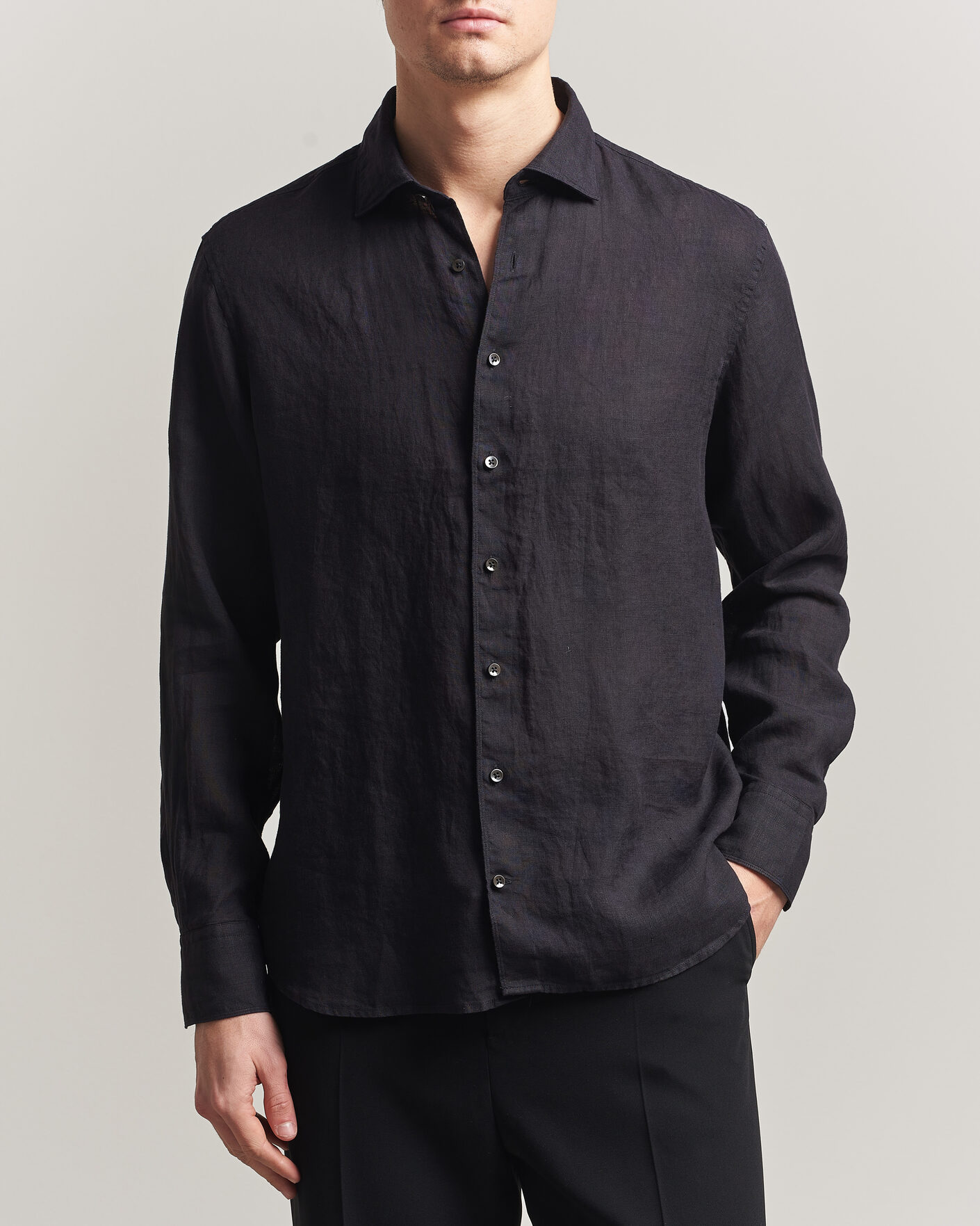 Herre | Skjorter | Stenströms | Regular Fit Cut Away Linen Shirt Black