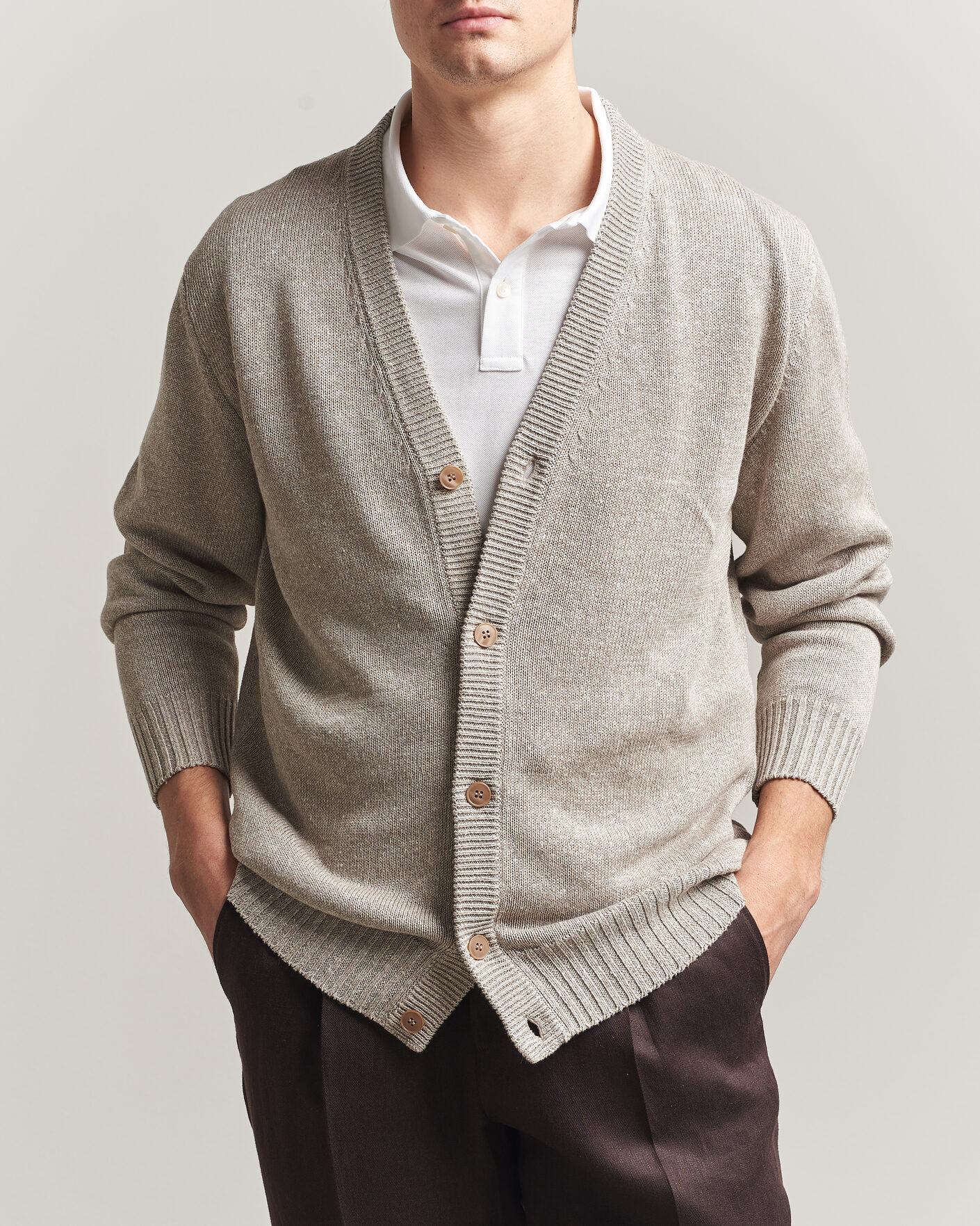 Herre | Trøjer | Eton | Cotton Linen Knitted Cardigan Beige