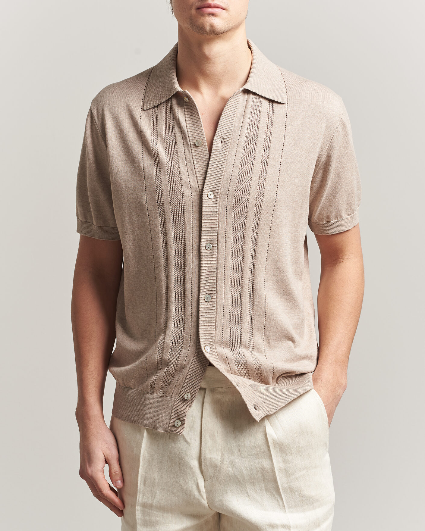 Herre | Skjorter | Eton | Cotton Structured Knitted Short Sleeve Shirt Beige