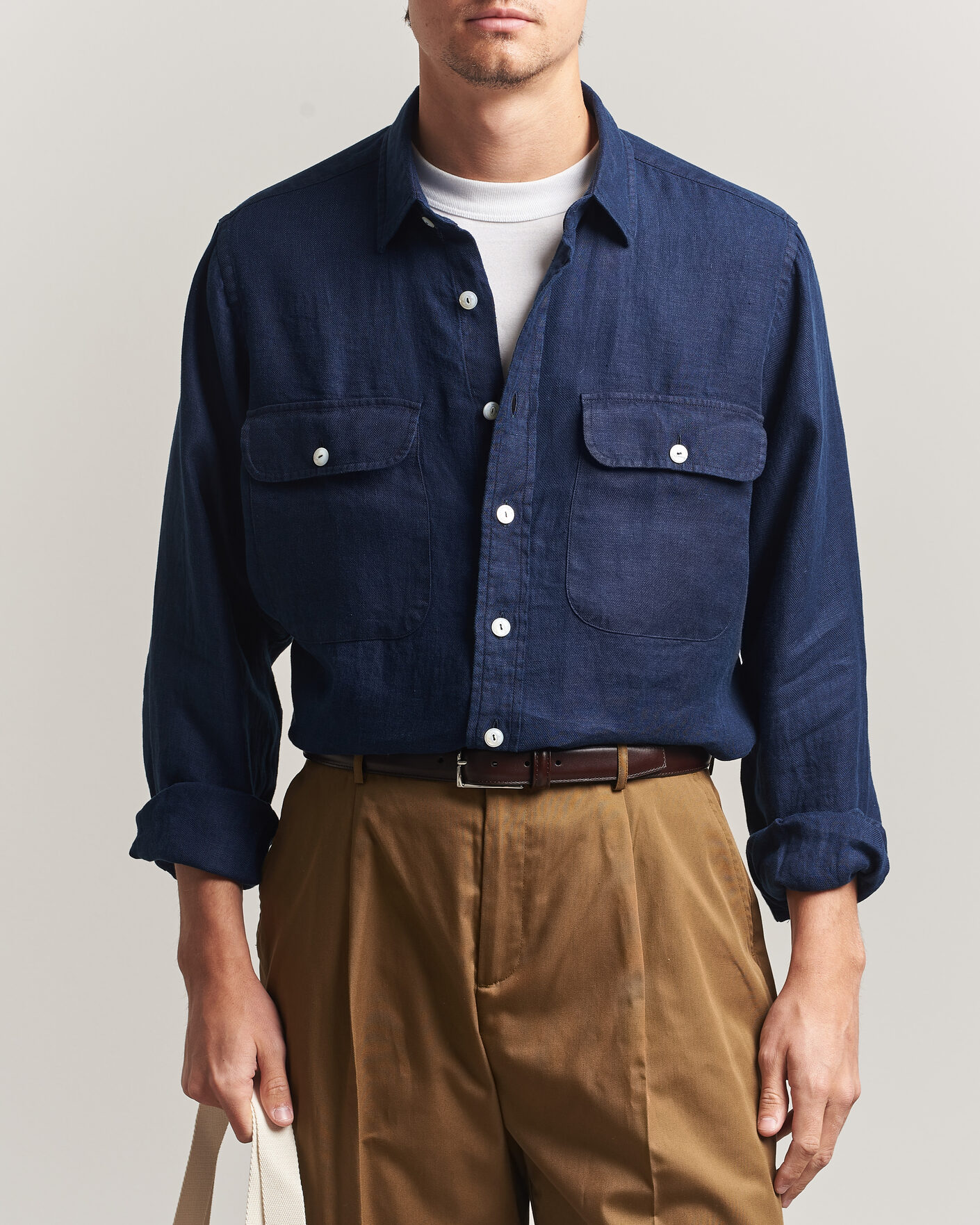 Herre | Skjorter | Drake's | Linen Twill Deep Pocket Work Shirt Navy
