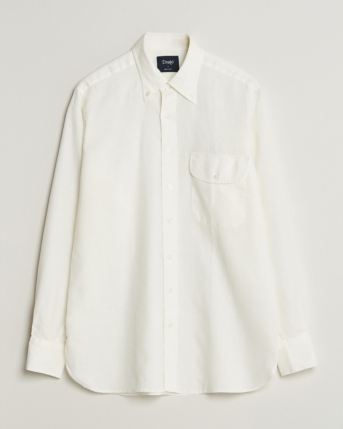 Herre | Skjorter | Drake's | Linen Button Down Curved Pocket Shirt White