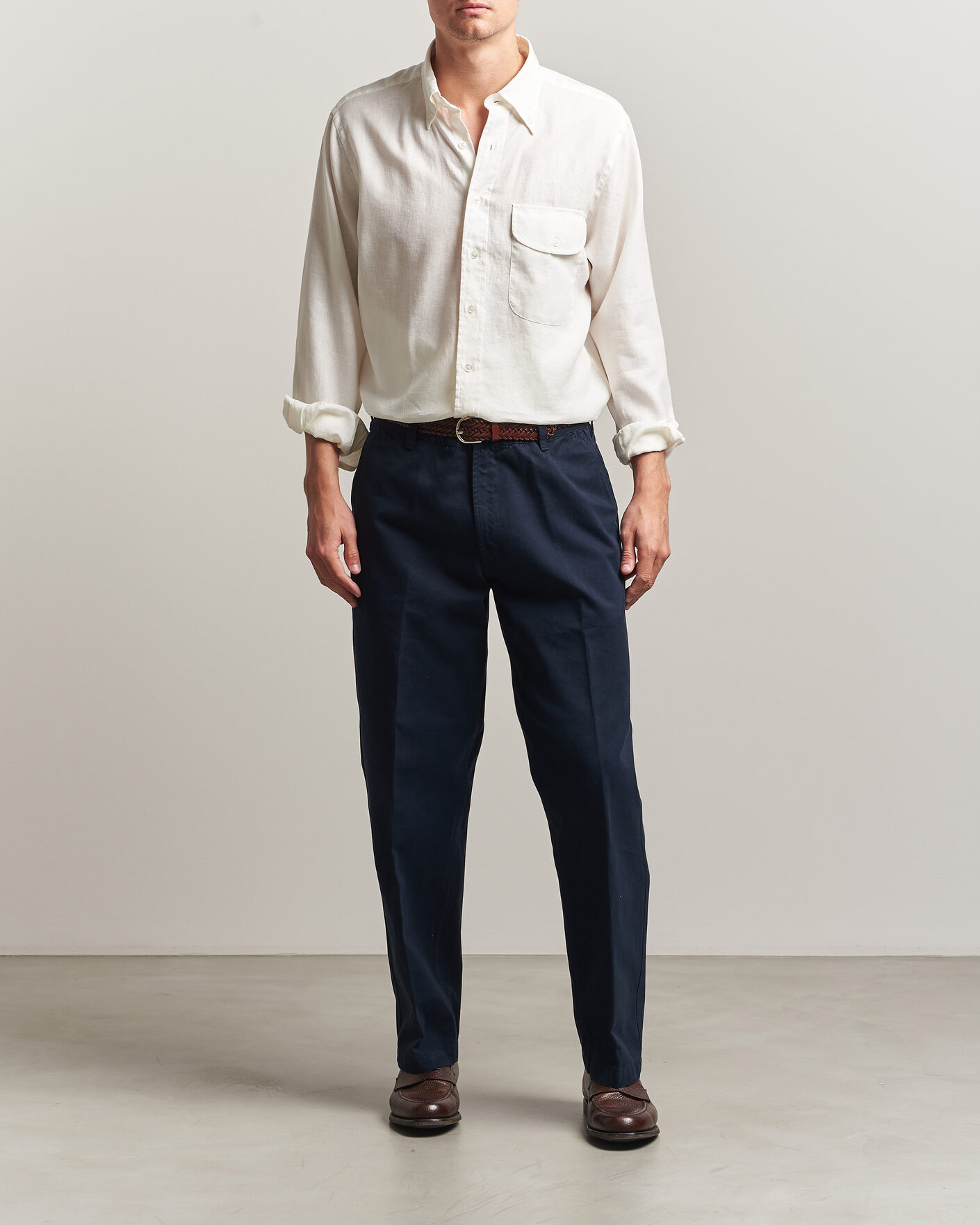 Herre | Skjorter | Drake's | Linen Button Down Curved Pocket Shirt White
