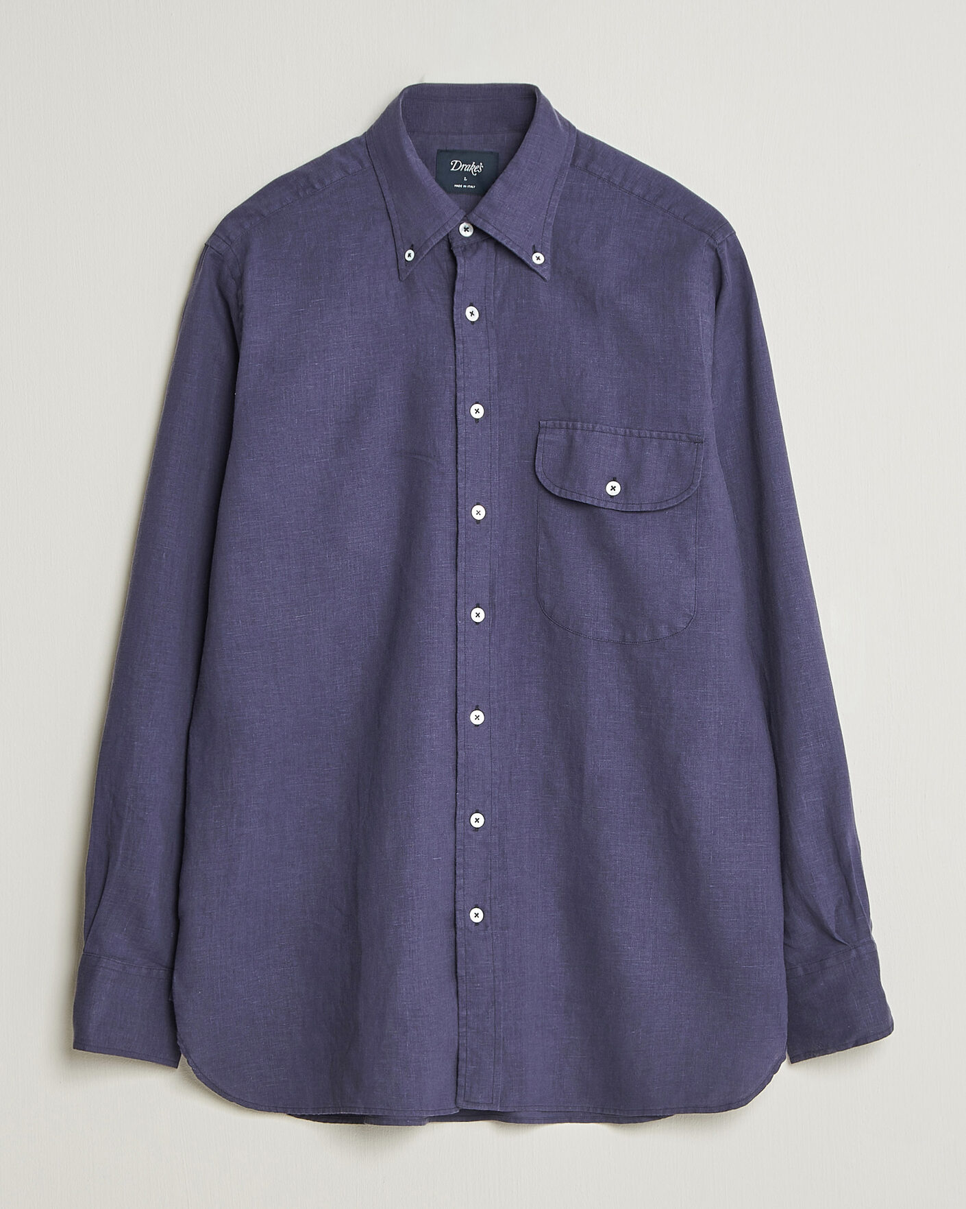 Herre | Skjorter | Drake's | Linen Button Down Curved Pocket Shirt Navy