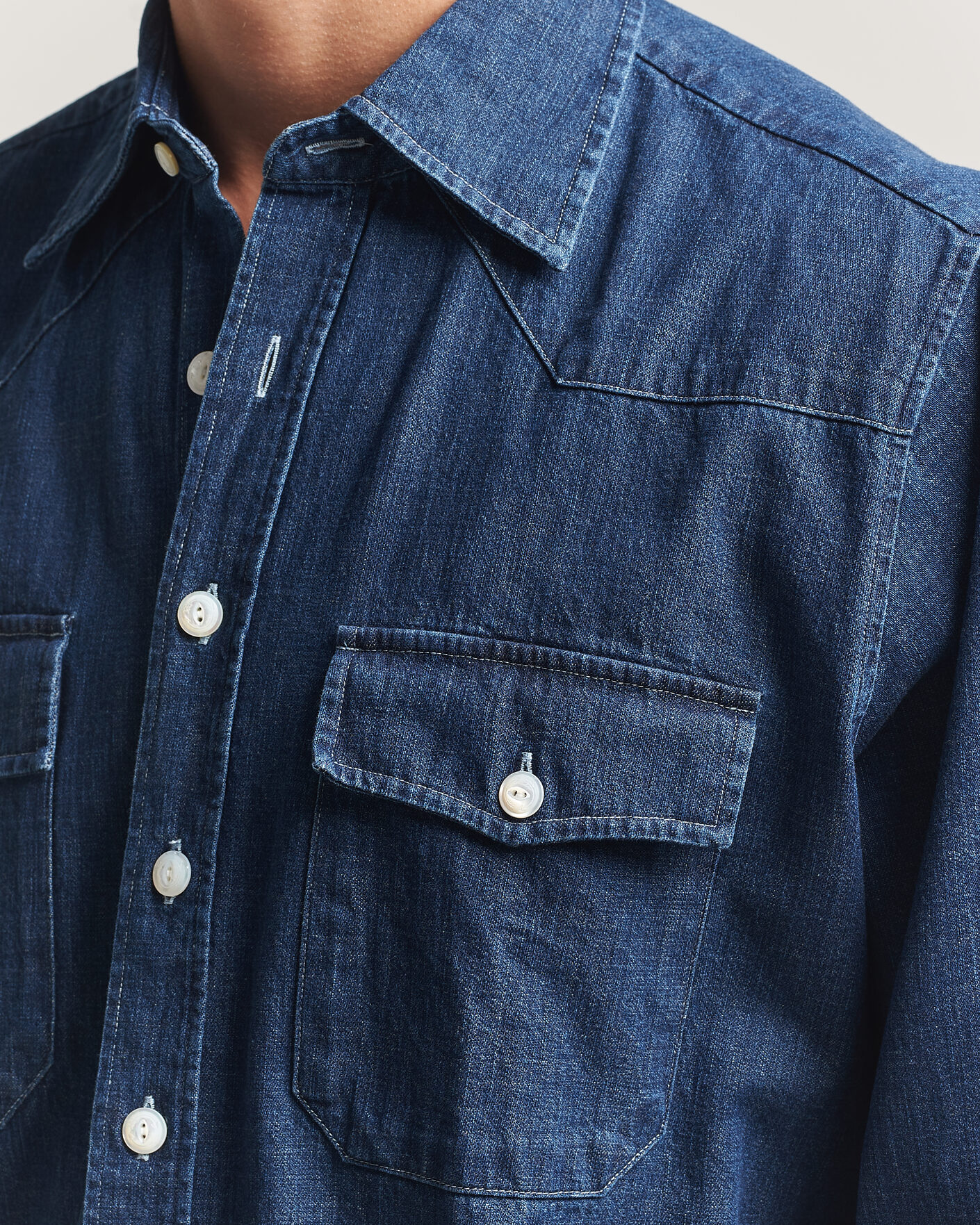 Herre | Skjorter | Drake's | Light Denim Western Shirt Stone Wash