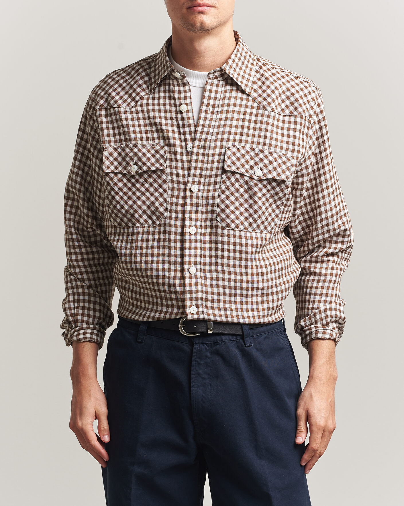 Herre | Skjorter | Drake's | Linen Gingham Western Shirt Brown/White