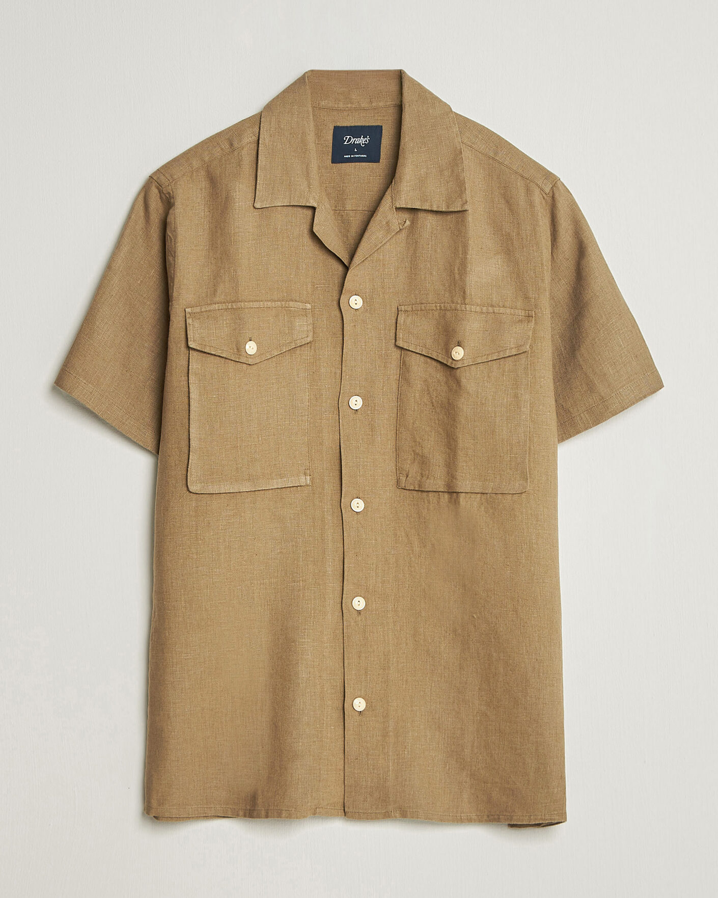 Herre | Skjorter | Drake's | Military Short Sleeve Camp Collar Shirt Khaki