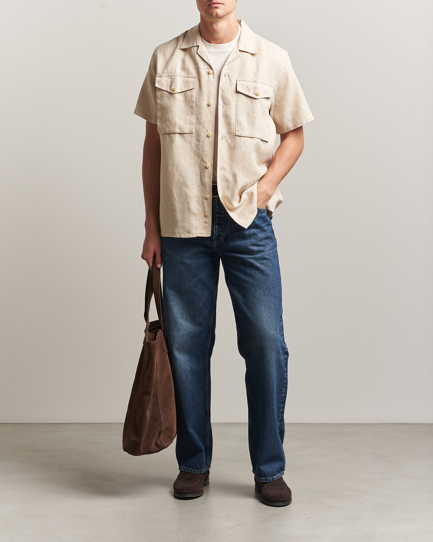 Herre | Skjorter | Drake's | Military Short Sleeve Camp Collar Shirt Ecru