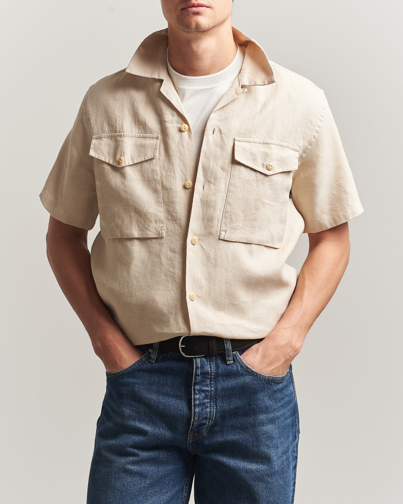 Herre | Skjorter | Drake's | Military Short Sleeve Camp Collar Shirt Ecru