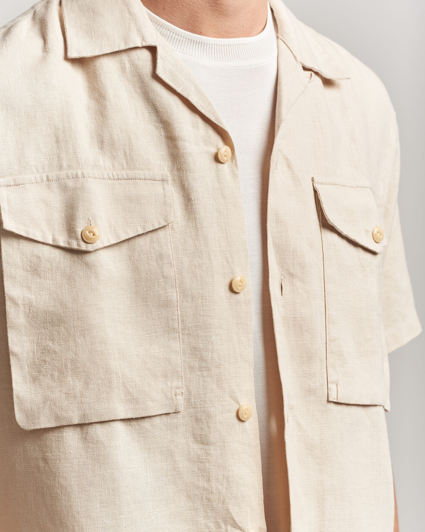 Herre | Skjorter | Drake's | Military Short Sleeve Camp Collar Shirt Ecru