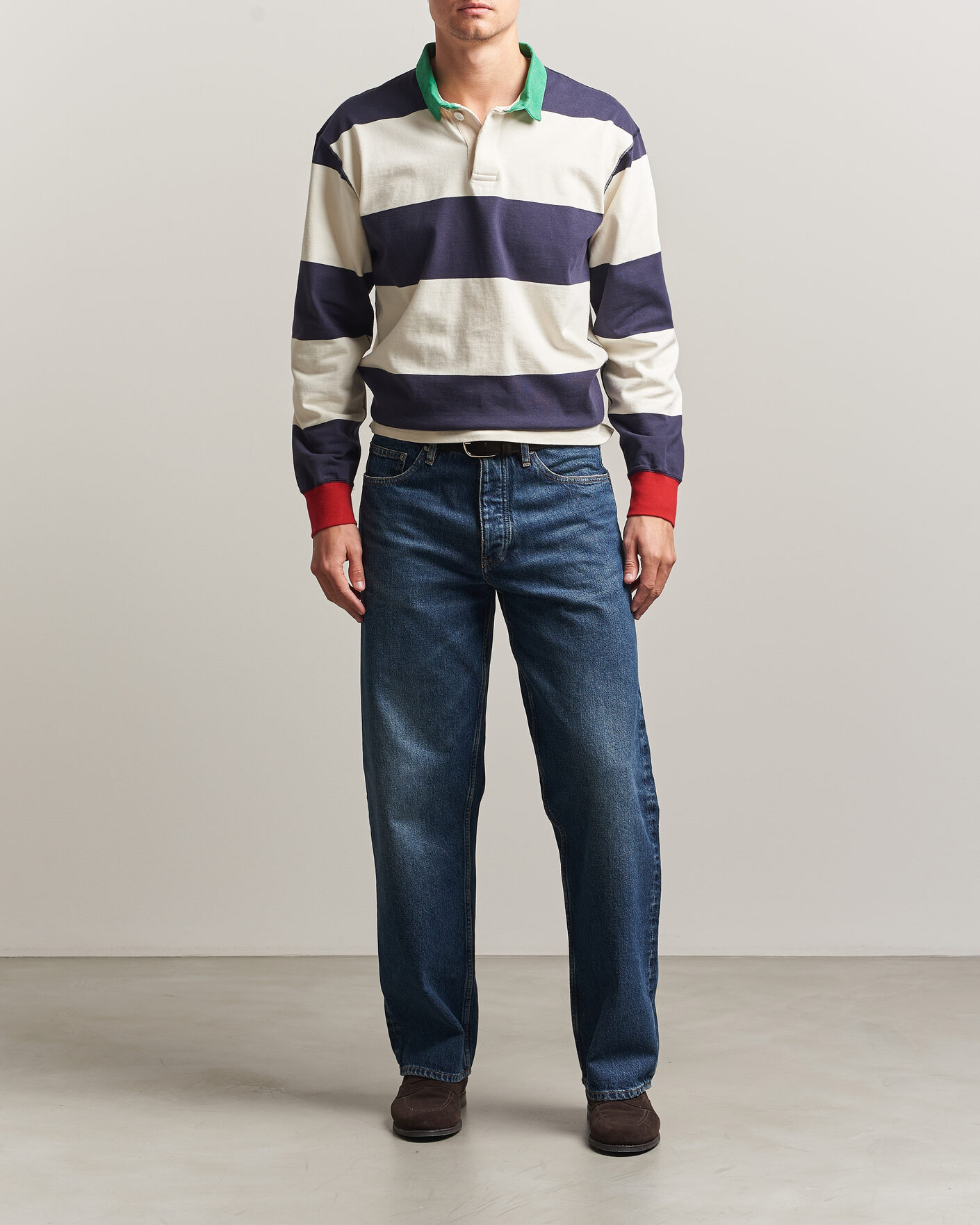 Herre | Trøjer | Drake's | Dual Block Stripe Rugby Whie/Navy