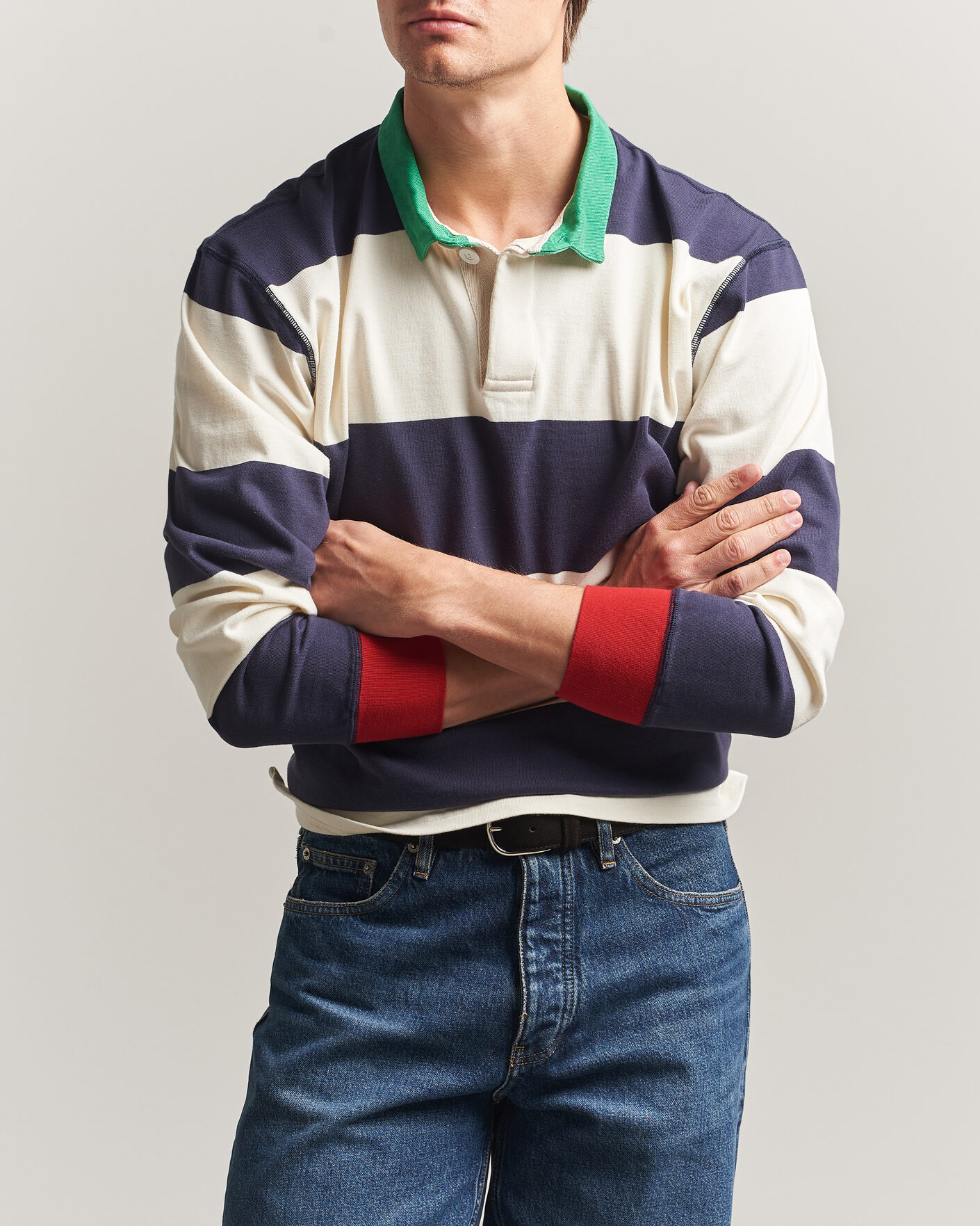 Herre | Trøjer | Drake's | Dual Block Stripe Rugby Whie/Navy
